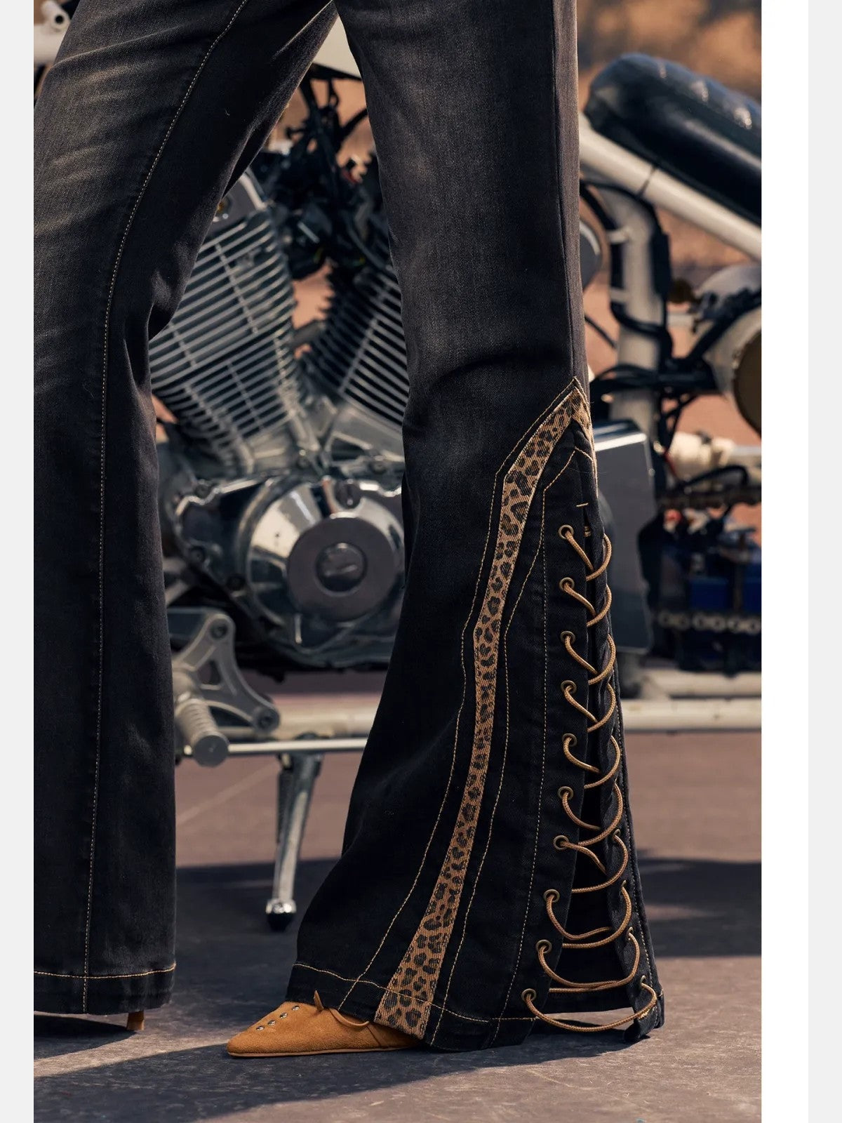 BeerBro Leopard Panel Lace Up Flare Jeans in Denim - On Model