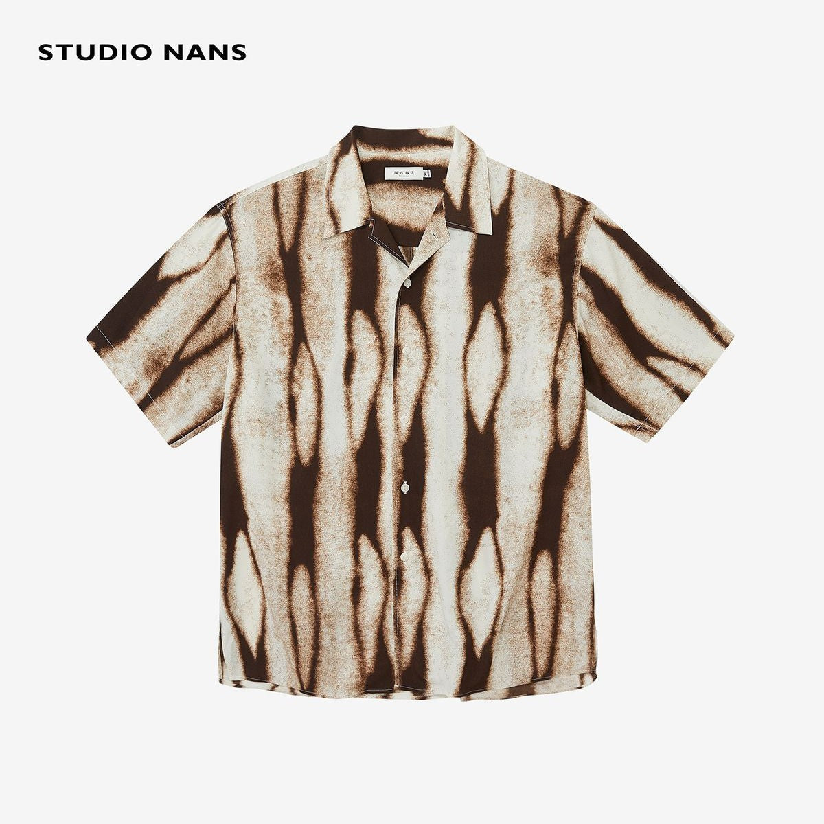 NANS Ink Splash Print Cuban Collar Shirt in Brown