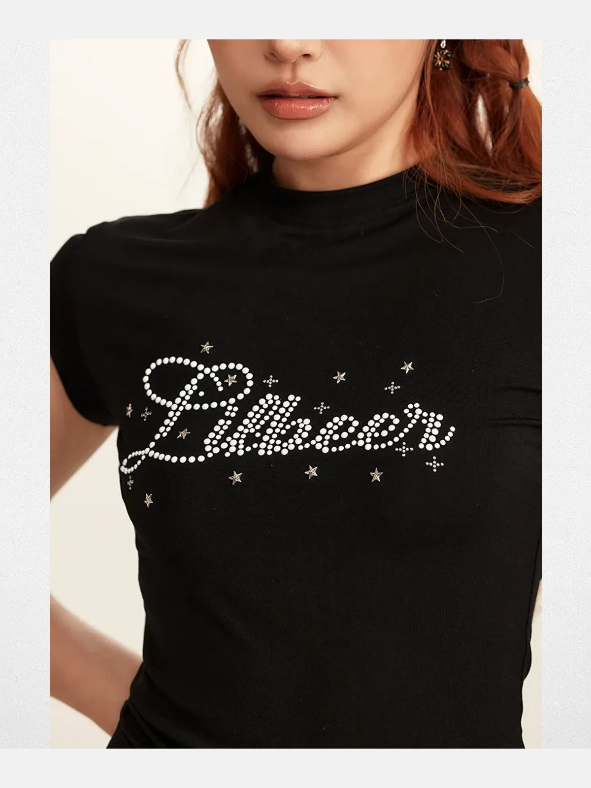 BeerBro Pearl Rhinestone Graphic Baby Tee in Black - On Model