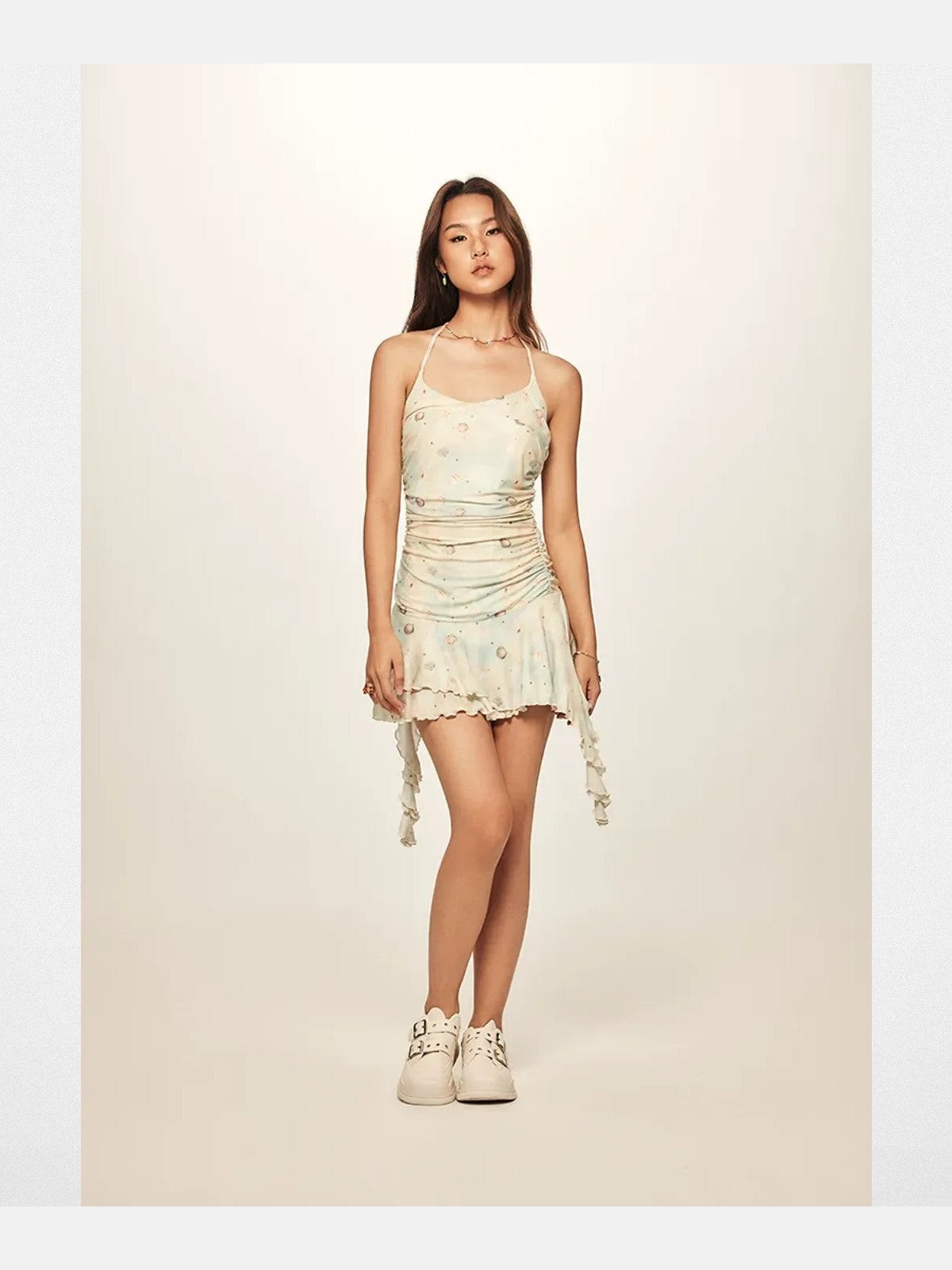 BeerBro Beaded Shell Print Mesh Dress in Mint - On Model