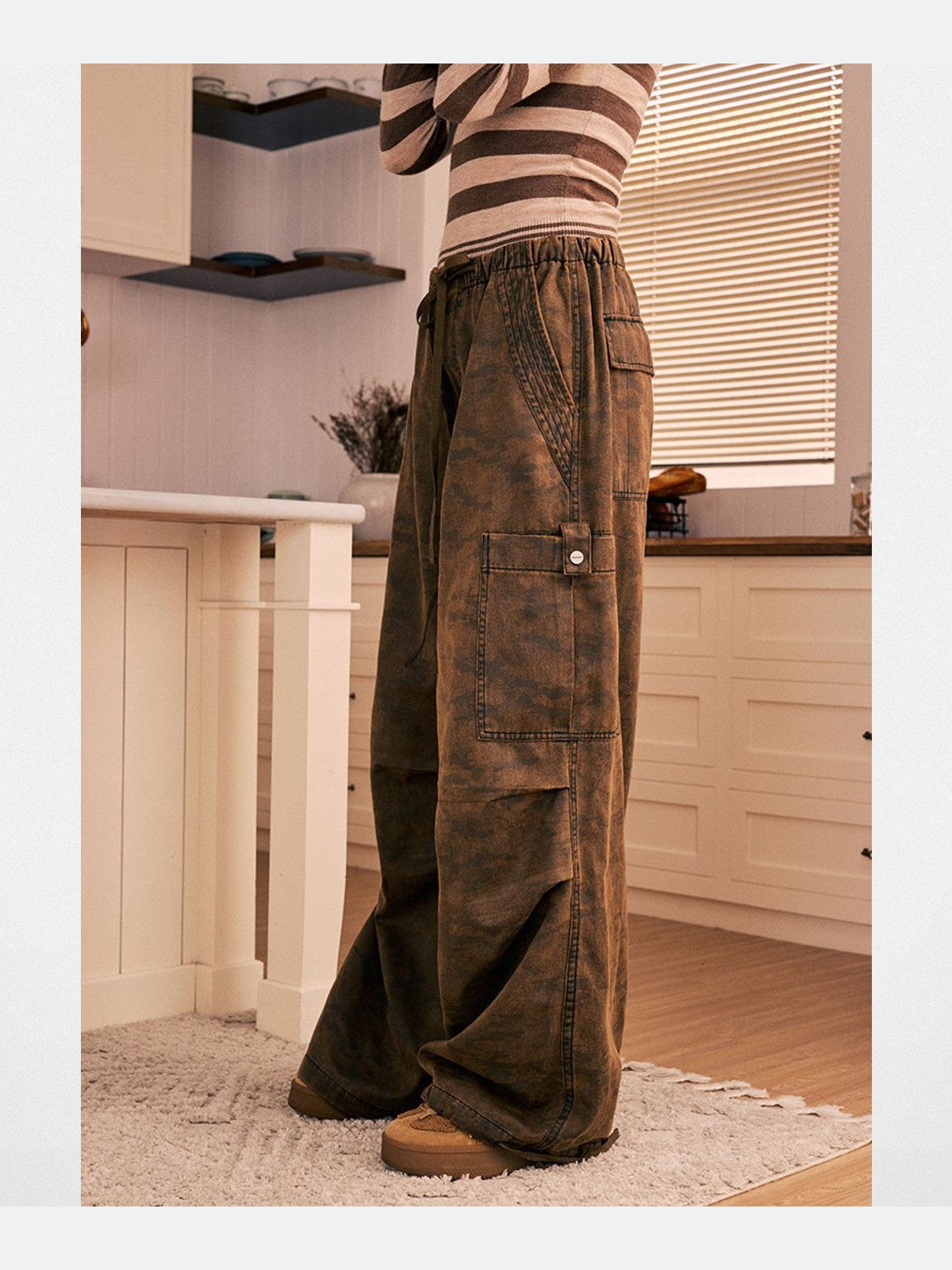 BeerBro Washed Camo Parachute Cargo Pants in Brown - On Model