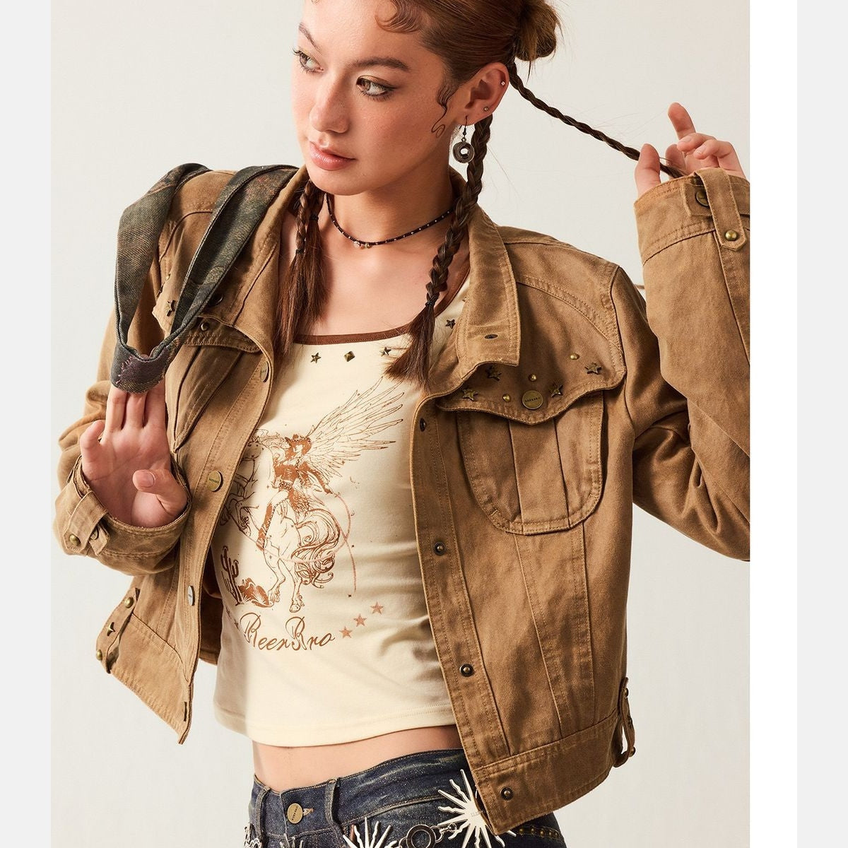 BeerBro Large Lapel Suede Cropped Jacket in Brown - On Model