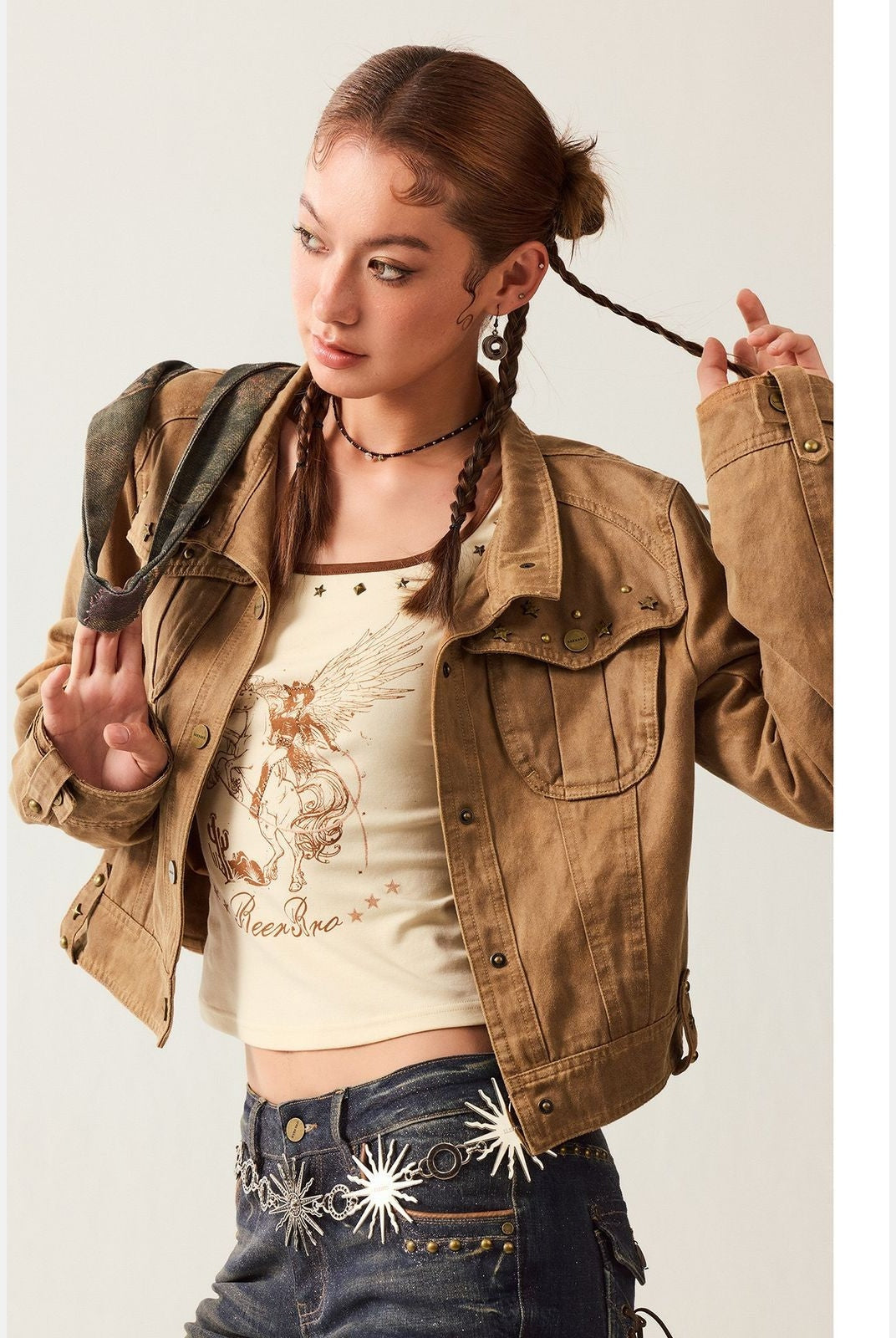 BeerBro Large Lapel Suede Cropped Jacket in Brown - On Model