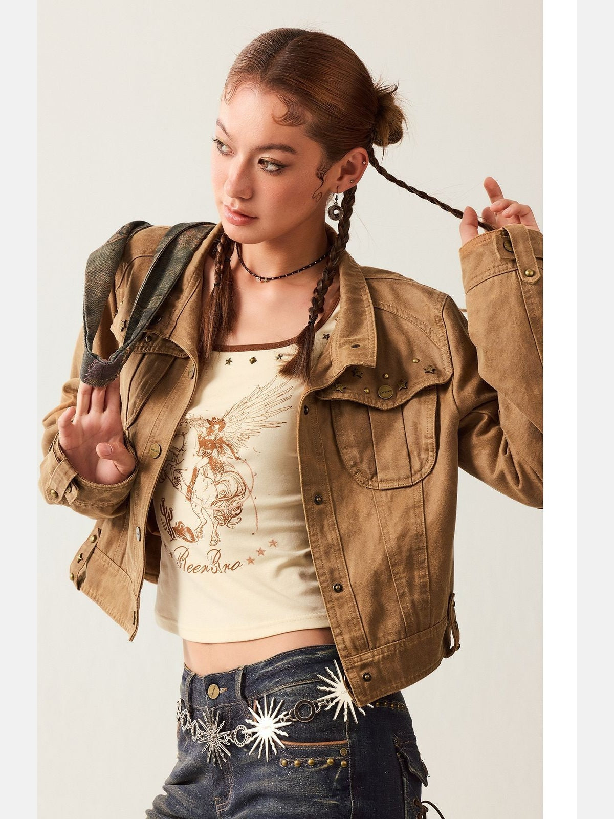 BeerBro Large Lapel Suede Cropped Jacket in Brown - On Model