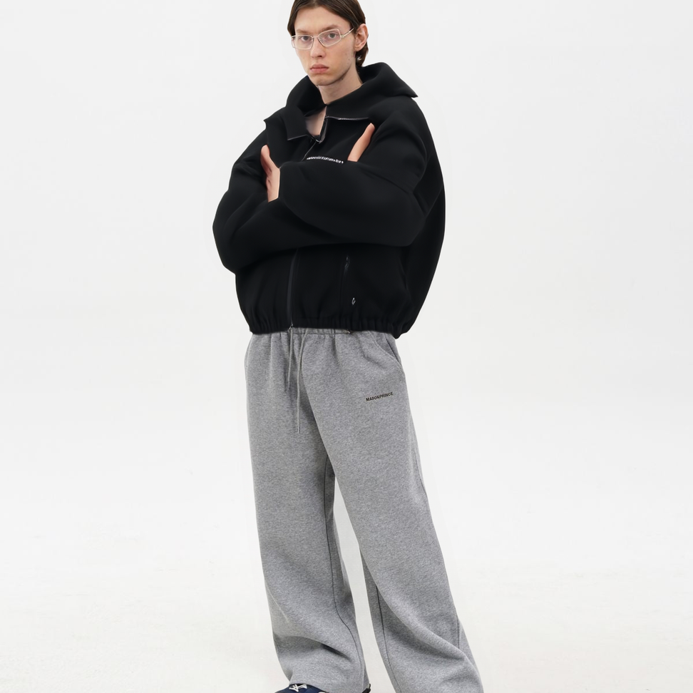 Contrast Logo Fleece Hooded Jacket in Black - Male Model #color_black