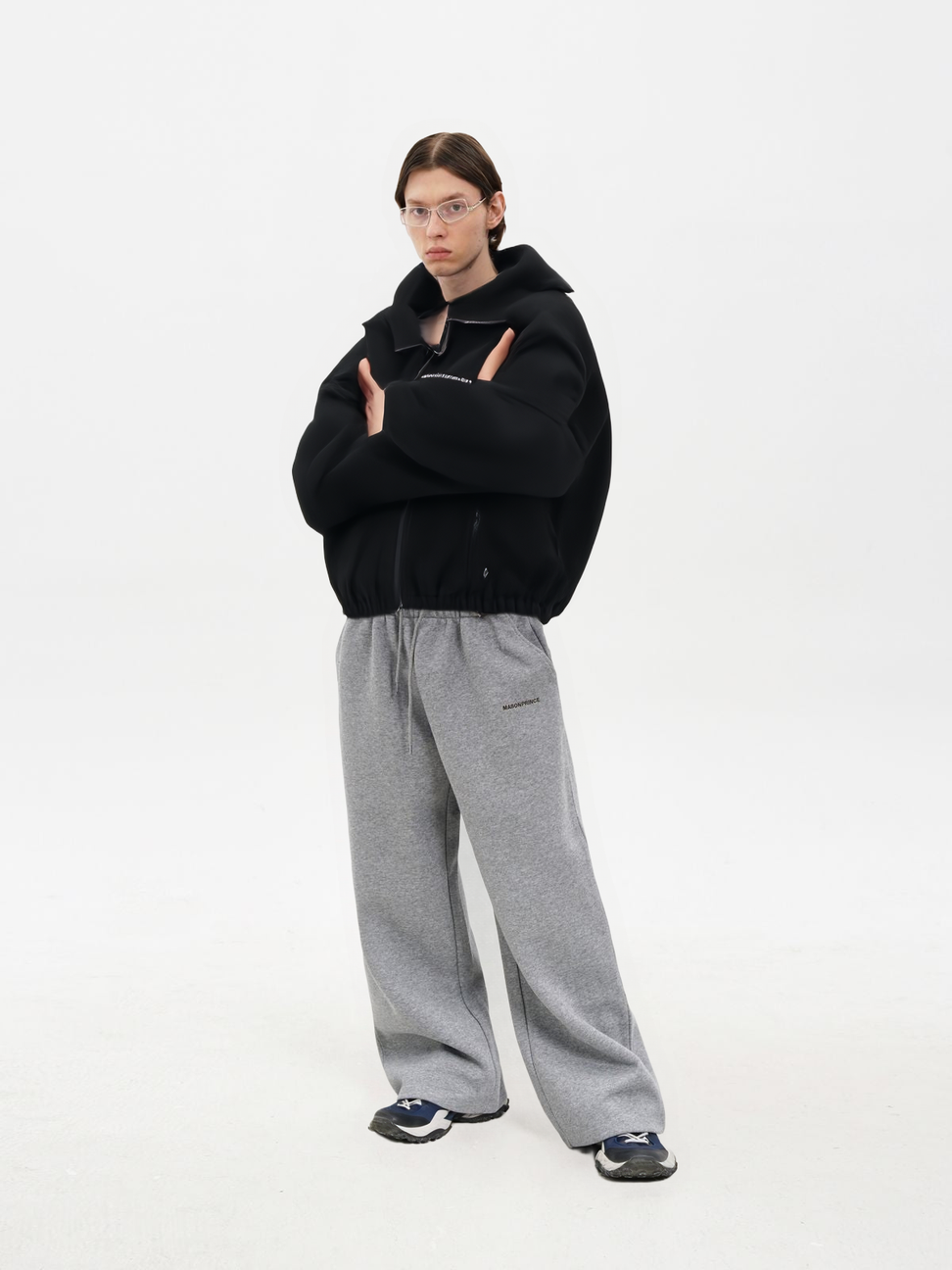 Contrast Logo Fleece Hooded Jacket in Black - Male Model #color_black