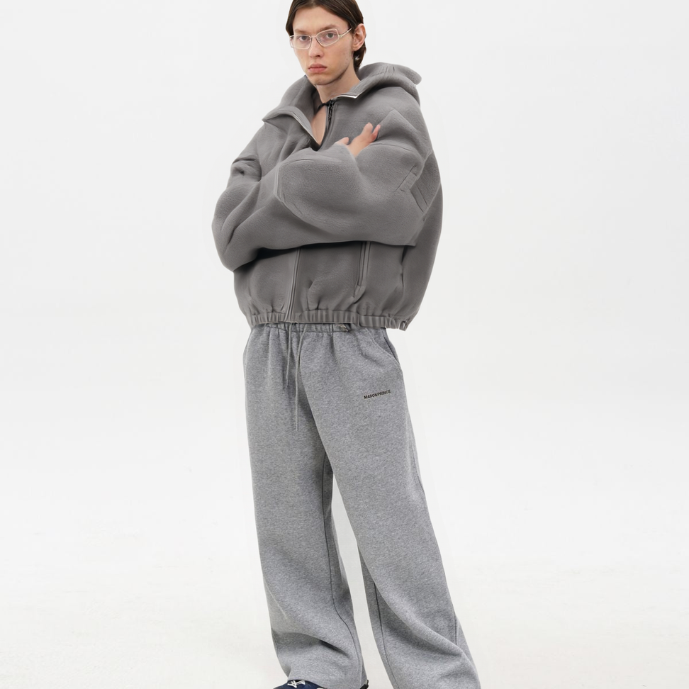 Contrast Logo Fleece Hooded Jacket in Gray - Male Model #color_gray