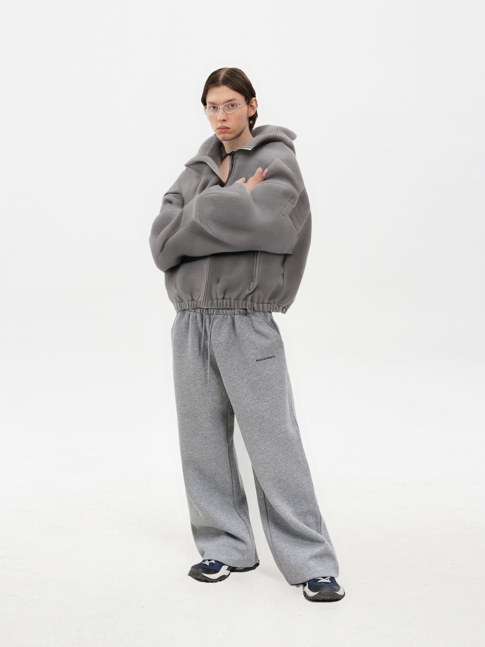 Contrast Logo Fleece Hooded Jacket in Gray - Male Model #color_gray