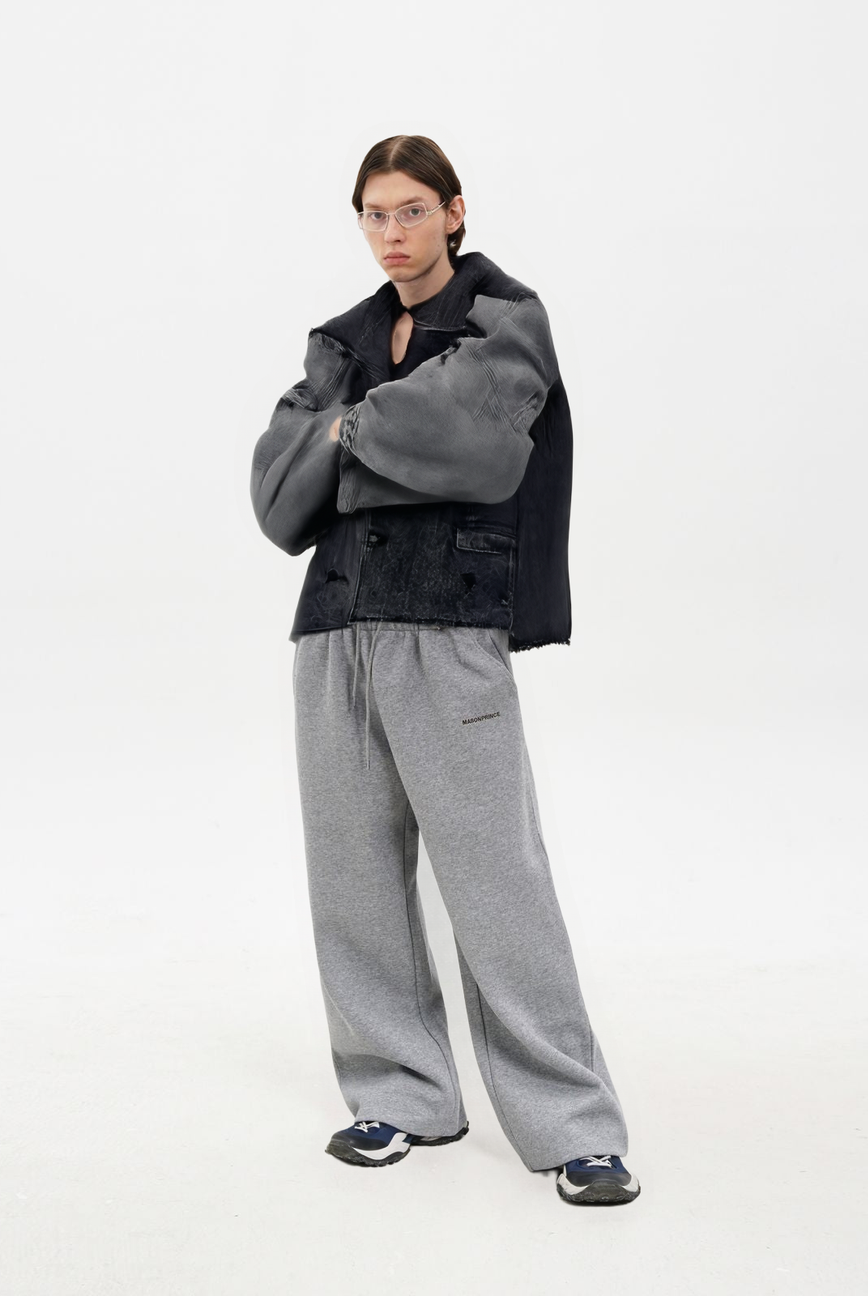 Deconstructed Distressed Denim Blazer in Gray - Male Model #color_gray