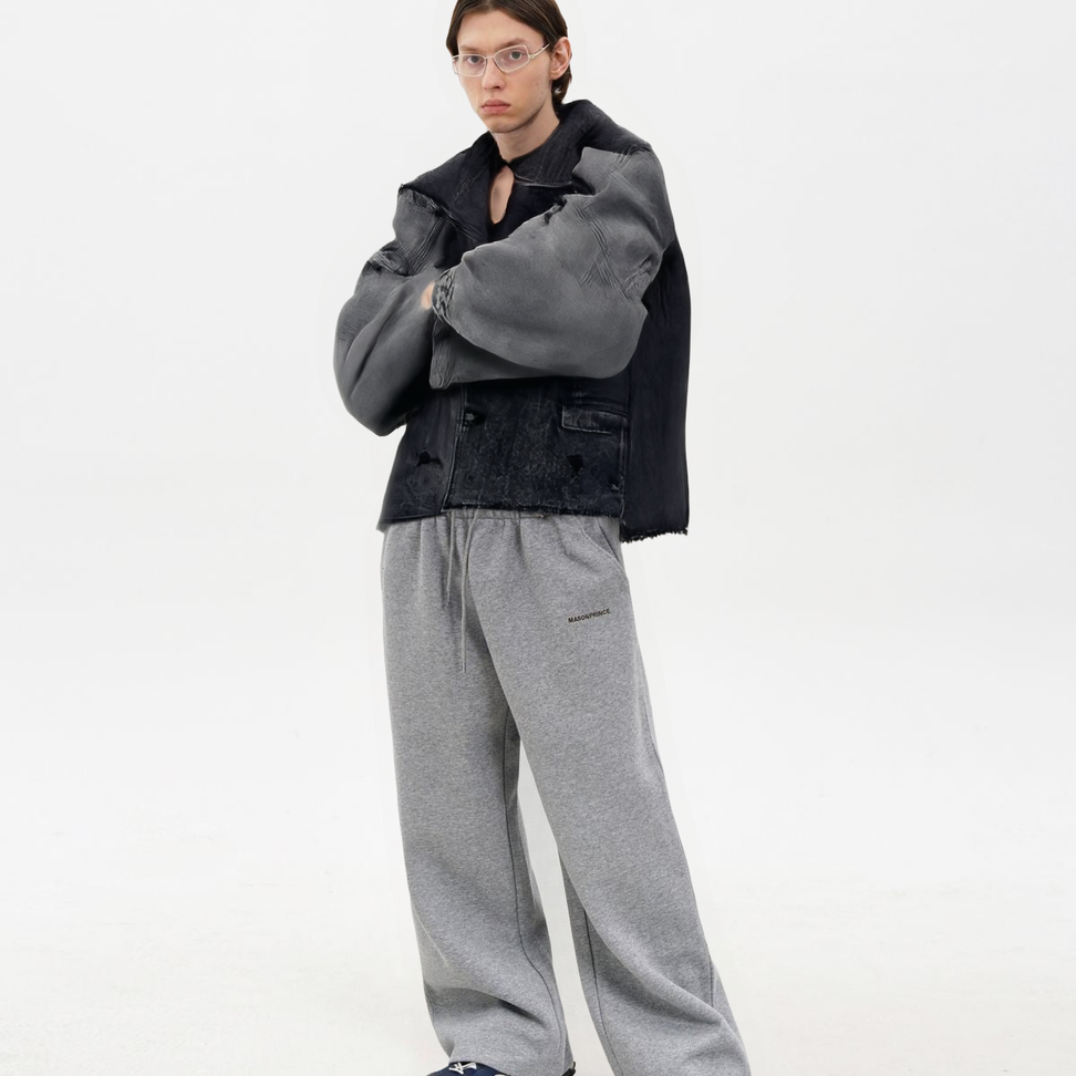 Deconstructed Distressed Denim Blazer in Gray - Male Model #color_gray