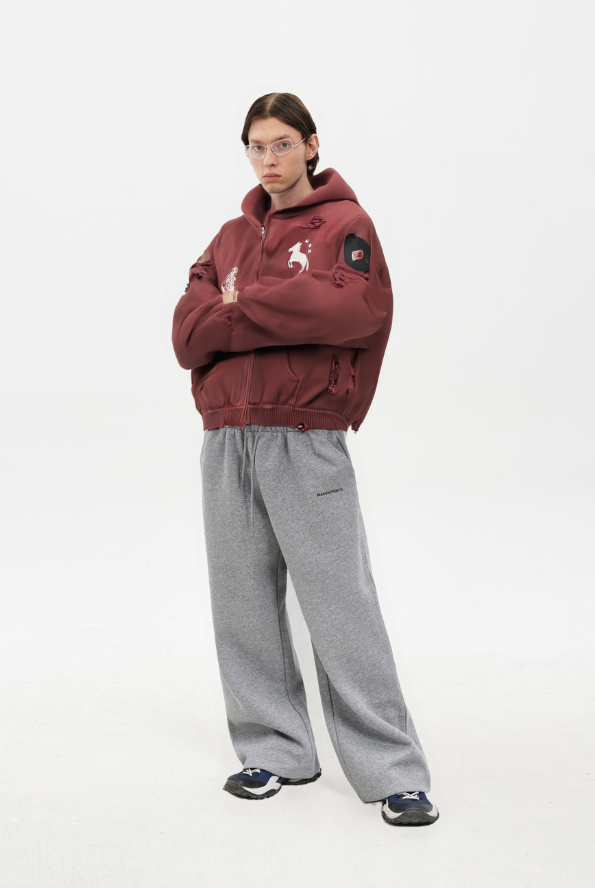 Distressed Horse Graphic Zip Hoodie in Burgundy - Male Model #color_burgundy