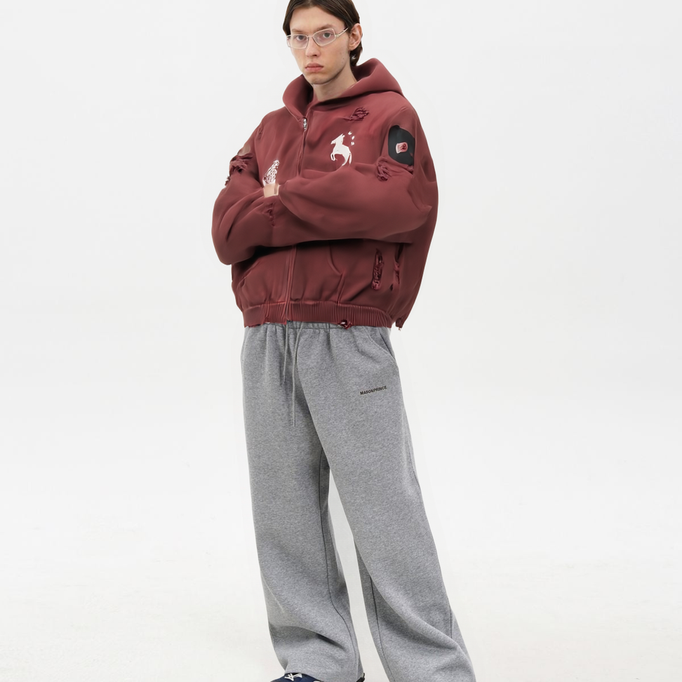 Distressed Horse Graphic Zip Hoodie in Burgundy - Male Model #color_burgundy