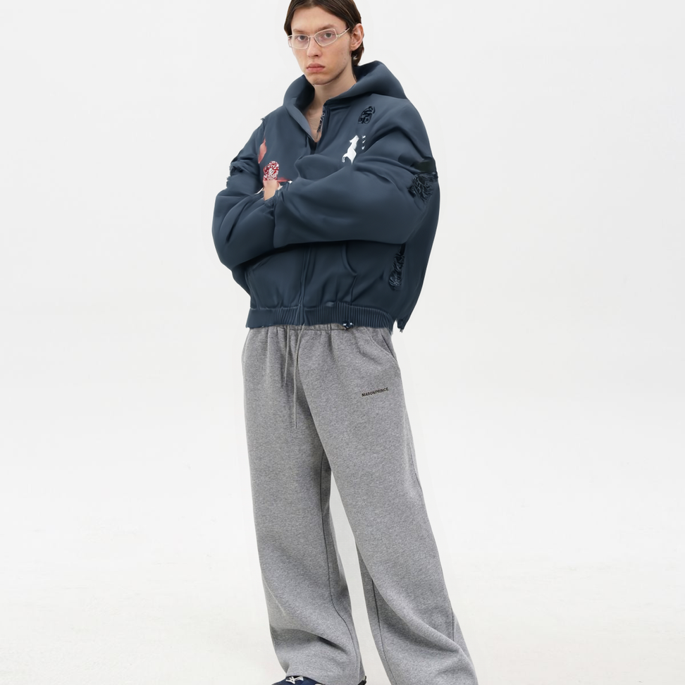 Distressed Horse Graphic Zip Hoodie in Navy Blue - Male Model #color_navy-blue