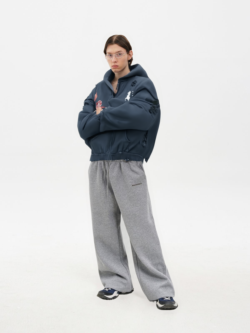 Distressed Horse Graphic Zip Hoodie in Navy Blue - Male Model #color_navy-blue