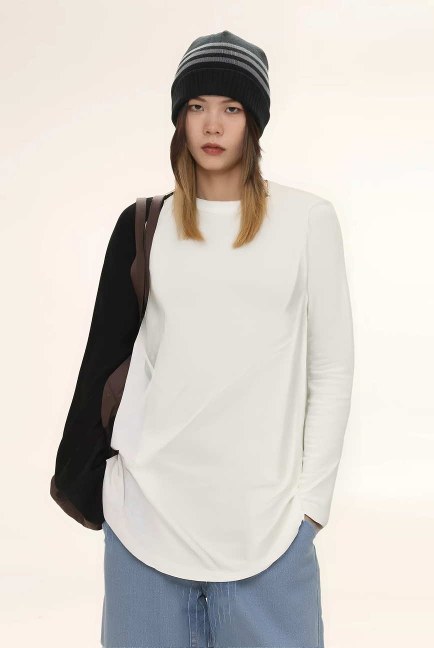 Lightweight Cotton Long Sleeve Tee in White - Female Model#color_white