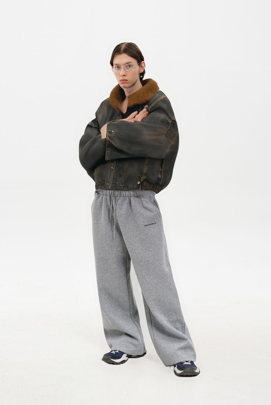 Over dyed Padded Denim Jacket with Fur Collar in Blue - Male Model #color_blue