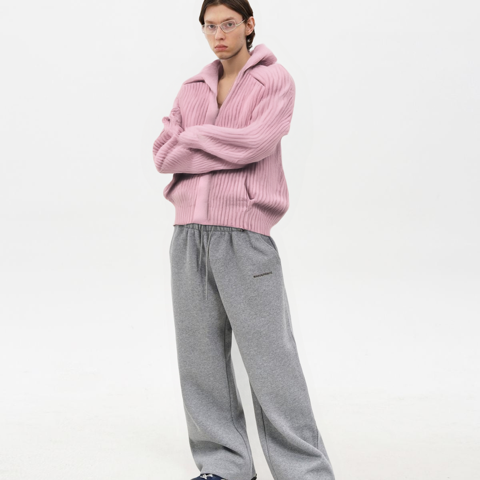 Ribbed Alpaca Blend Zip Cardigan in Pink - Male Model #color_pink