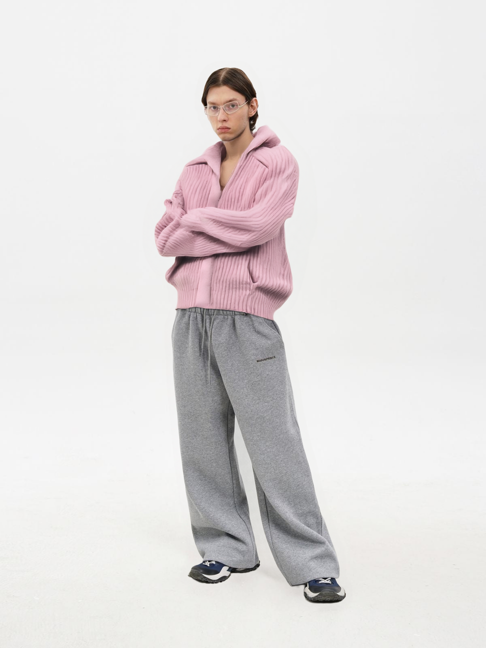 Ribbed Alpaca Blend Zip Cardigan in Pink - Male Model #color_pink