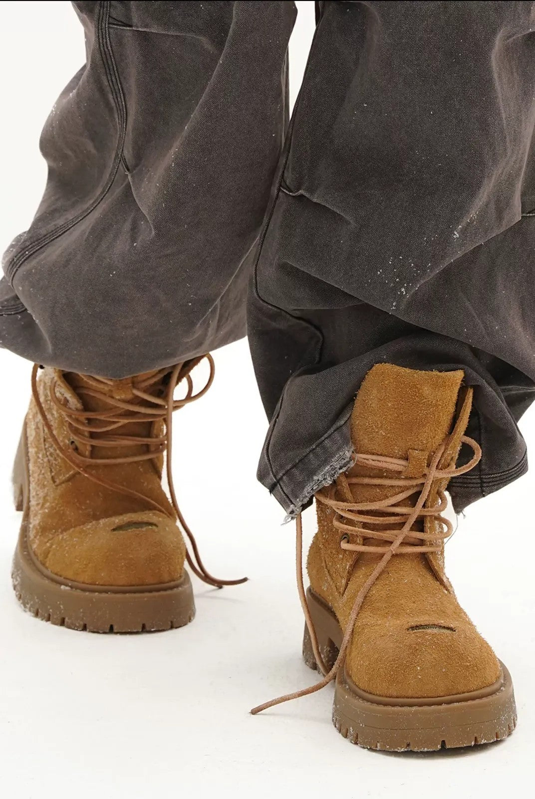 MASONPRINCE Washed Suede Platform Boots in Beige - On Model