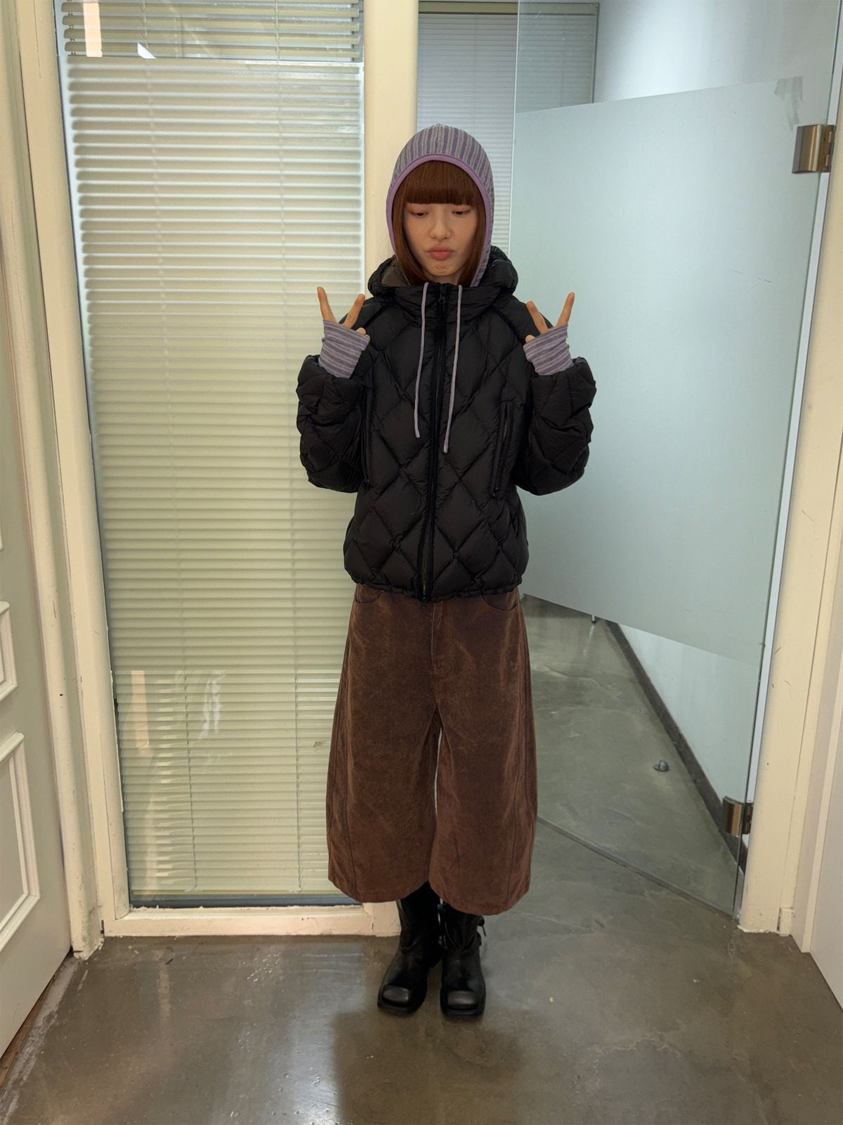 NeverSeez Diamond Quilted Down Puffer in Black - On Model