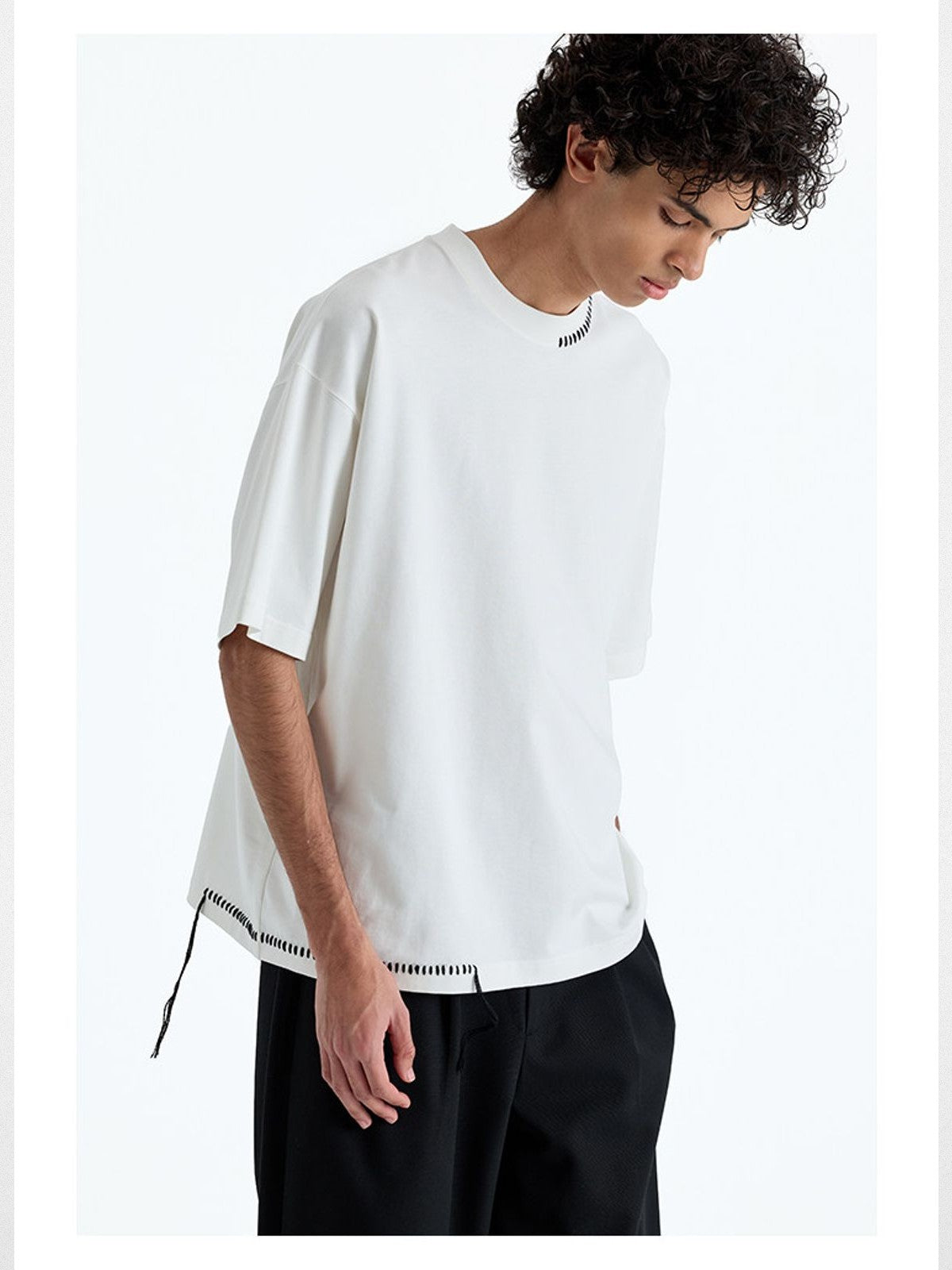 NANS Hand Stitched Fringe Oversized Tee in White - On Model