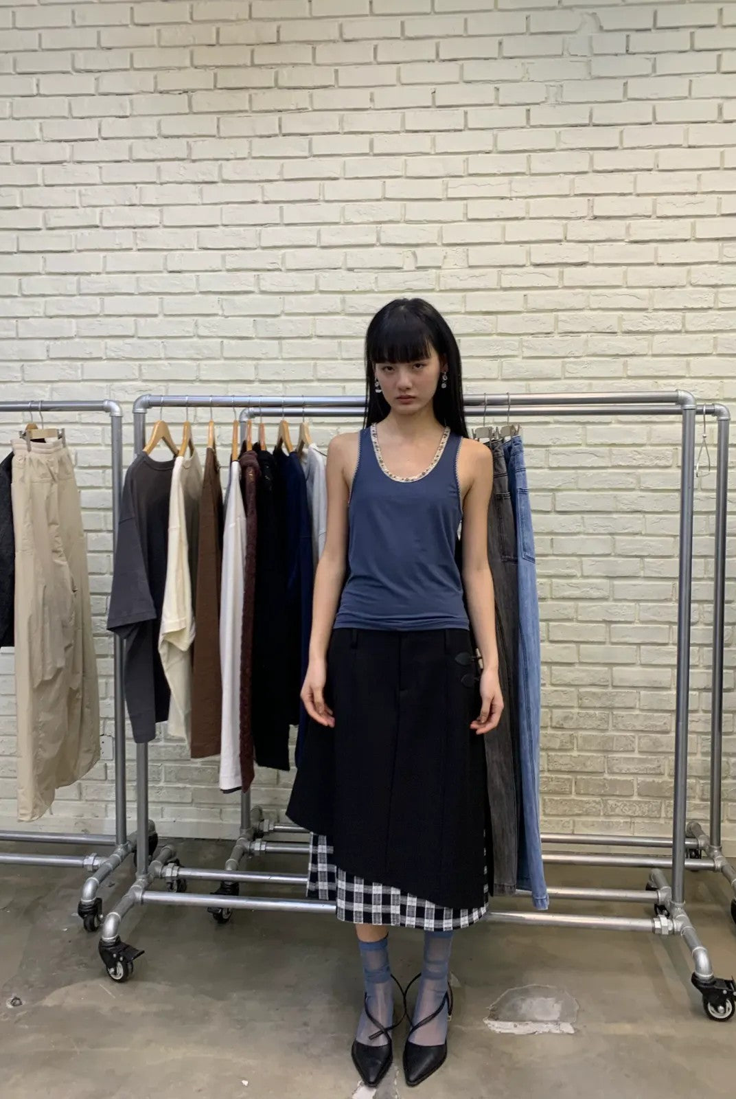 NeverSeez Beaded Lyocell Wool Tank Top in Blue - On Model