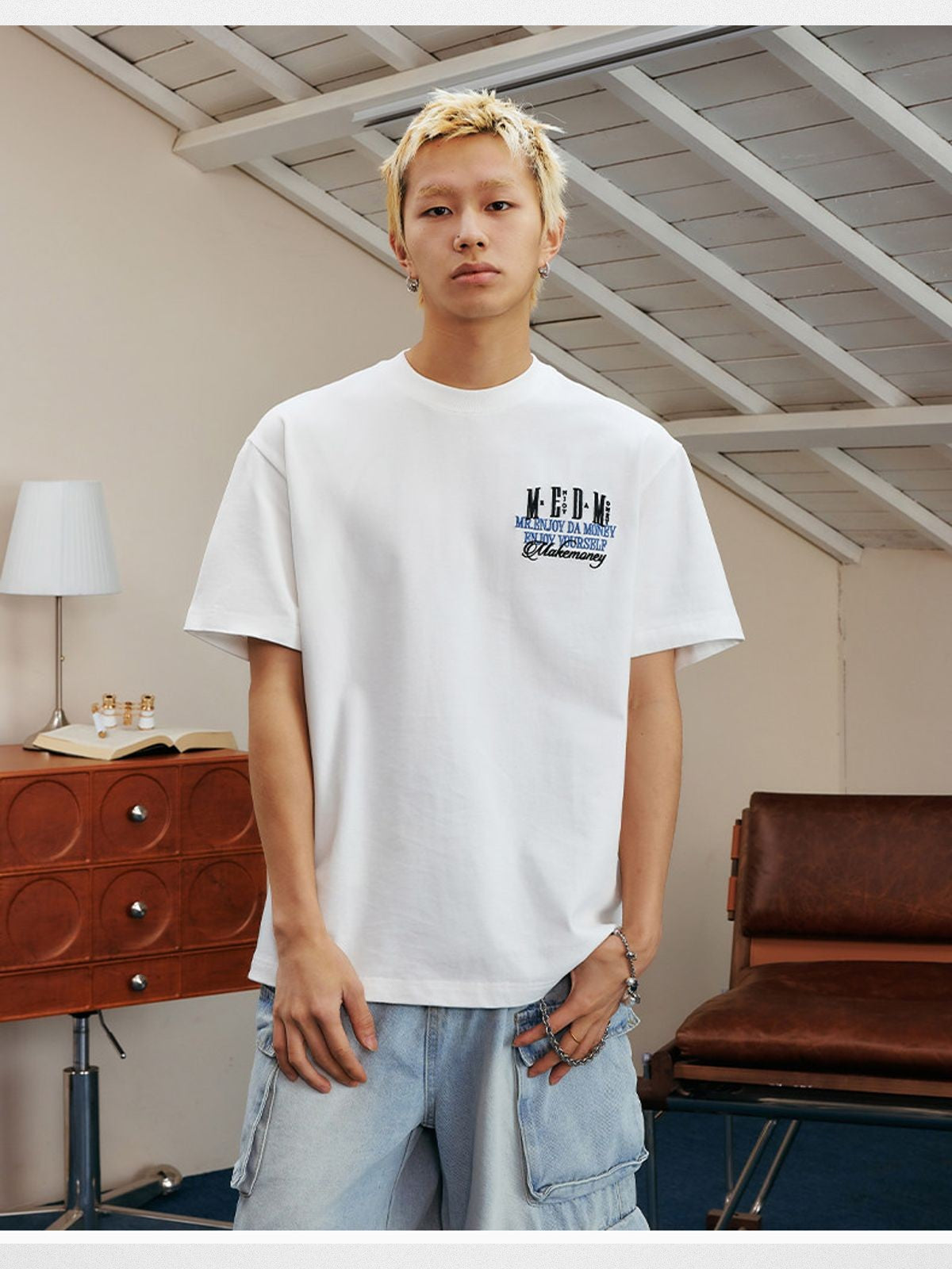 MEDM Retro Typography Chenille T Shirt in White - On Male Model