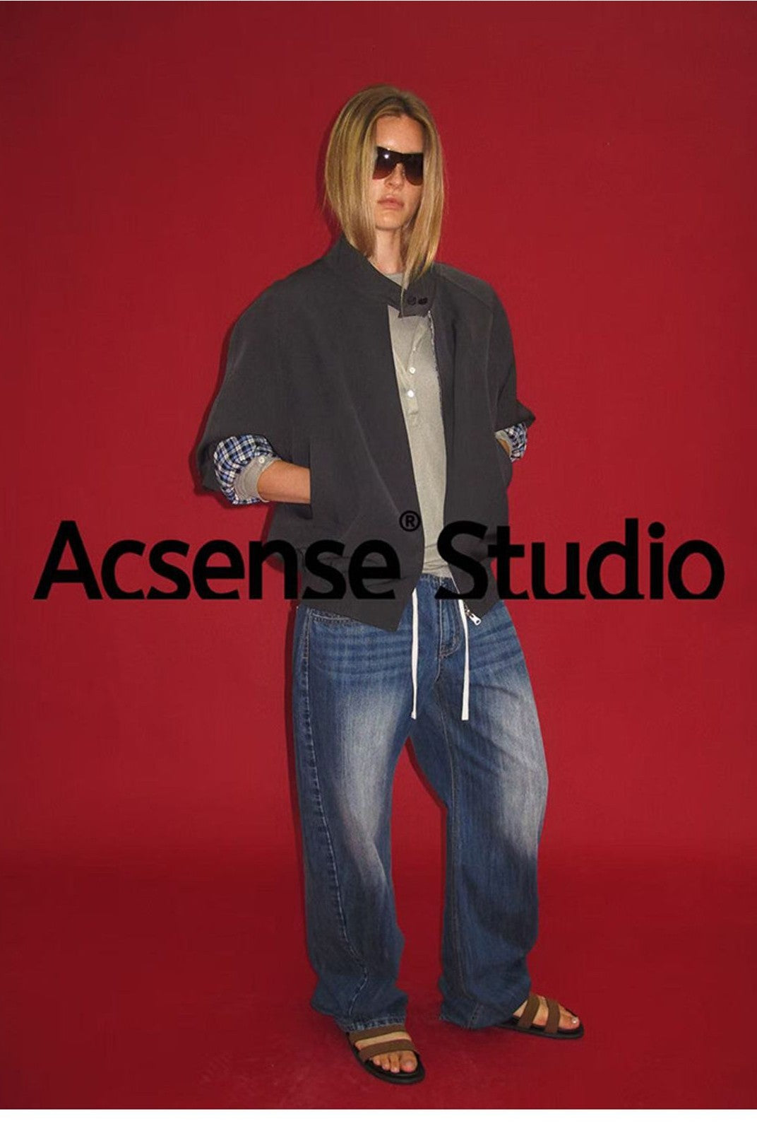 ACSENSE STUDIO Reversible Stand Collar Jacket in Gray - On Model