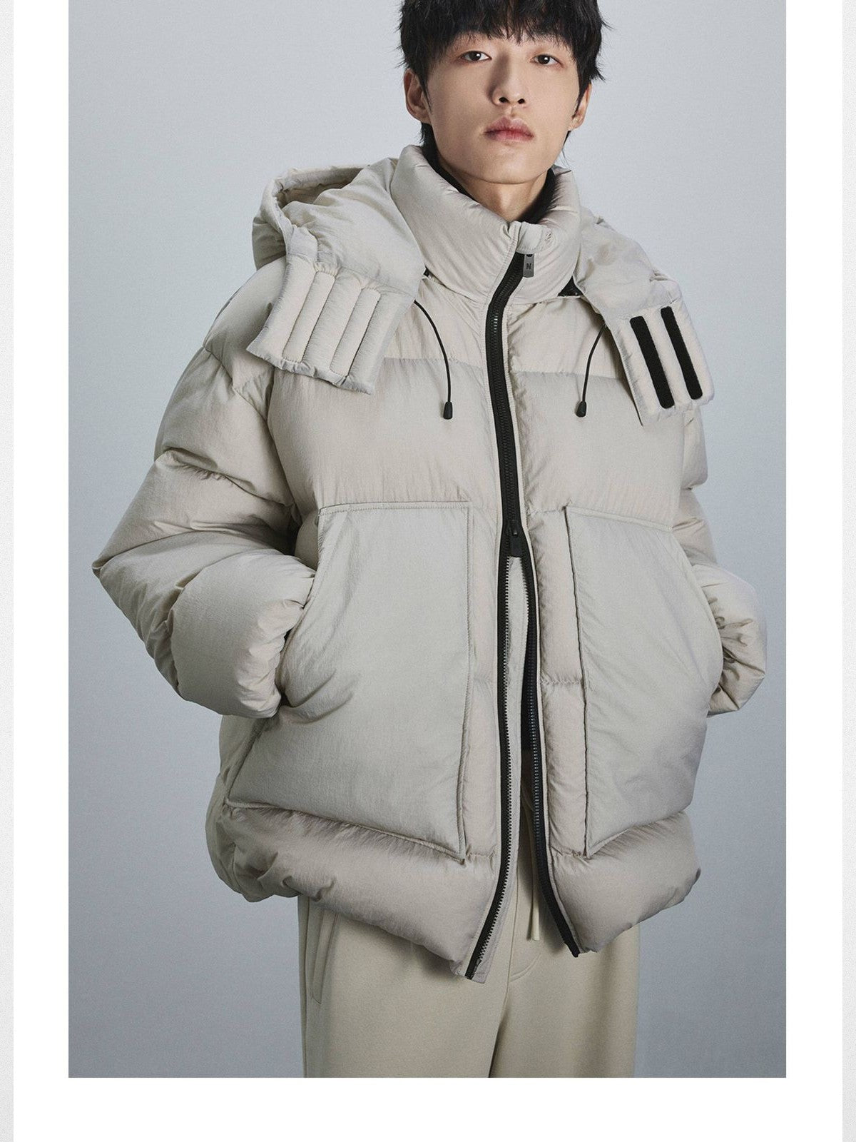 NANS Detachable Hood Crinkled Down Puffer in White - On Model