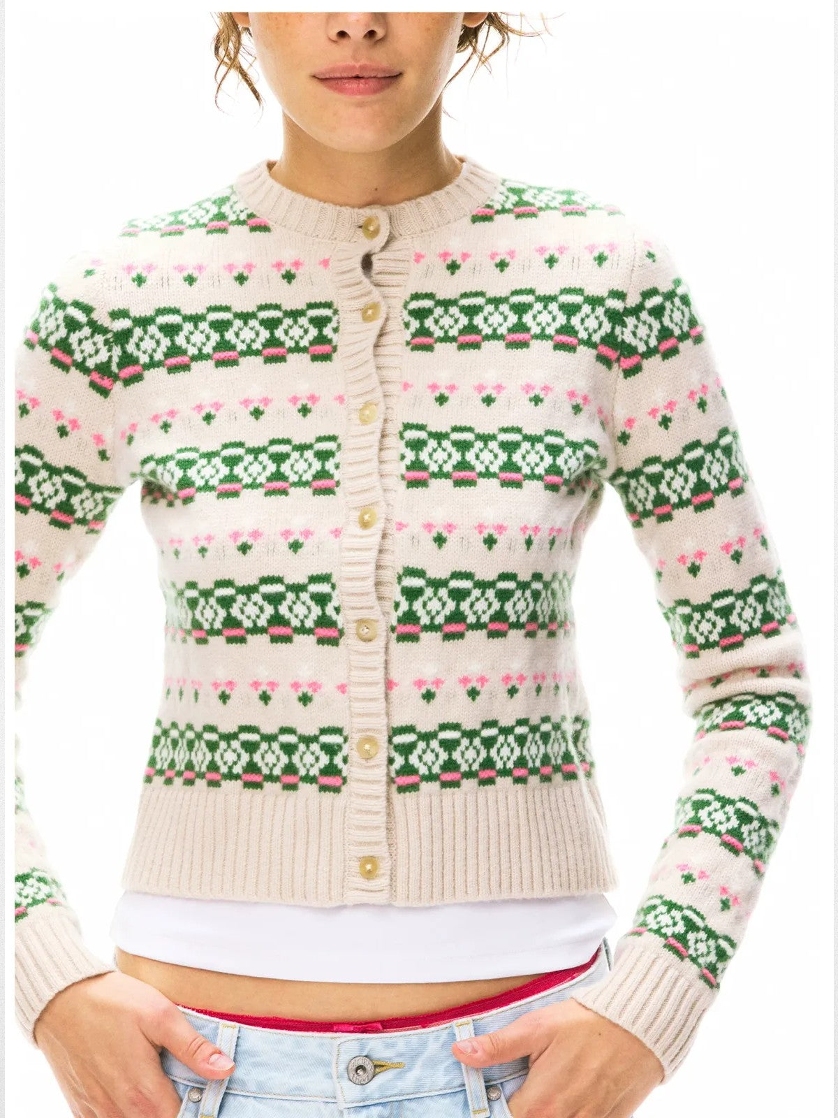 alright then 100 Wool Jacquard Cardigan in Beige - On Model