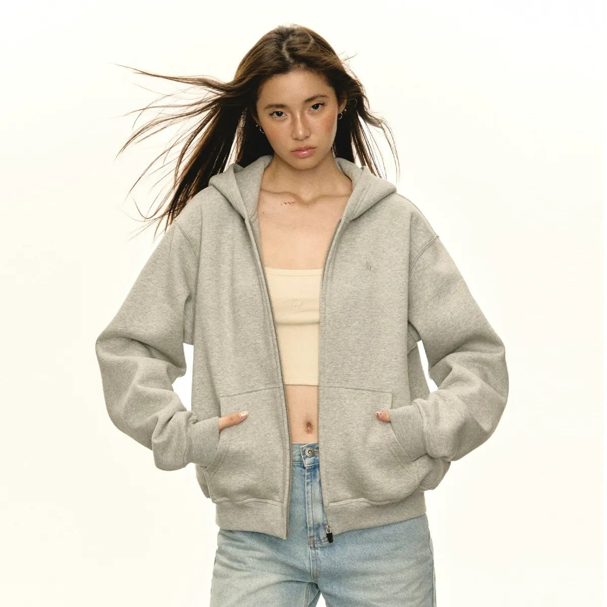 ARISEISM Oversized Cotton Blend Zip Up Hoodie in Gray - On Model