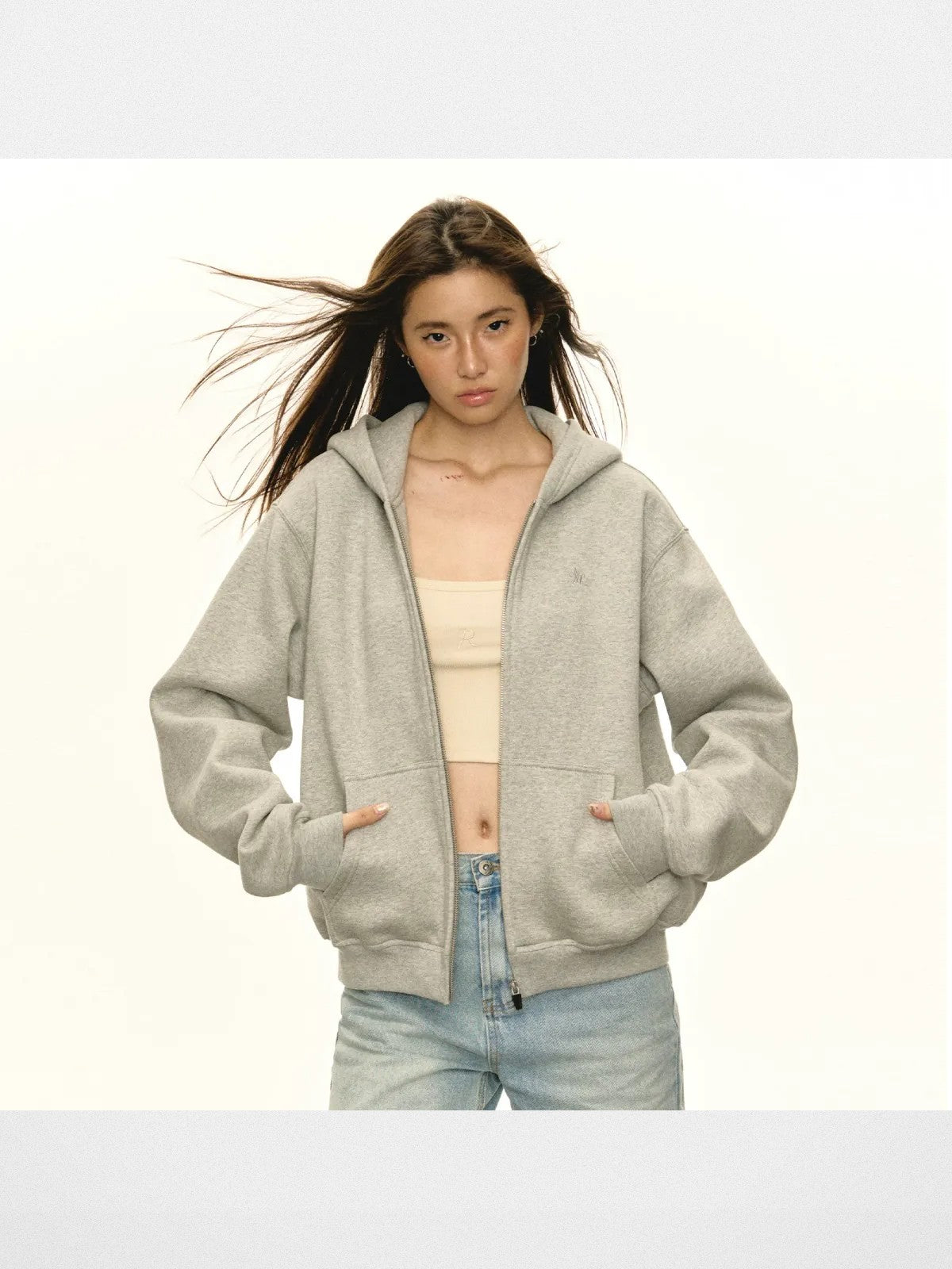 ARISEISM Oversized Cotton Blend Zip Up Hoodie in Gray - On Model