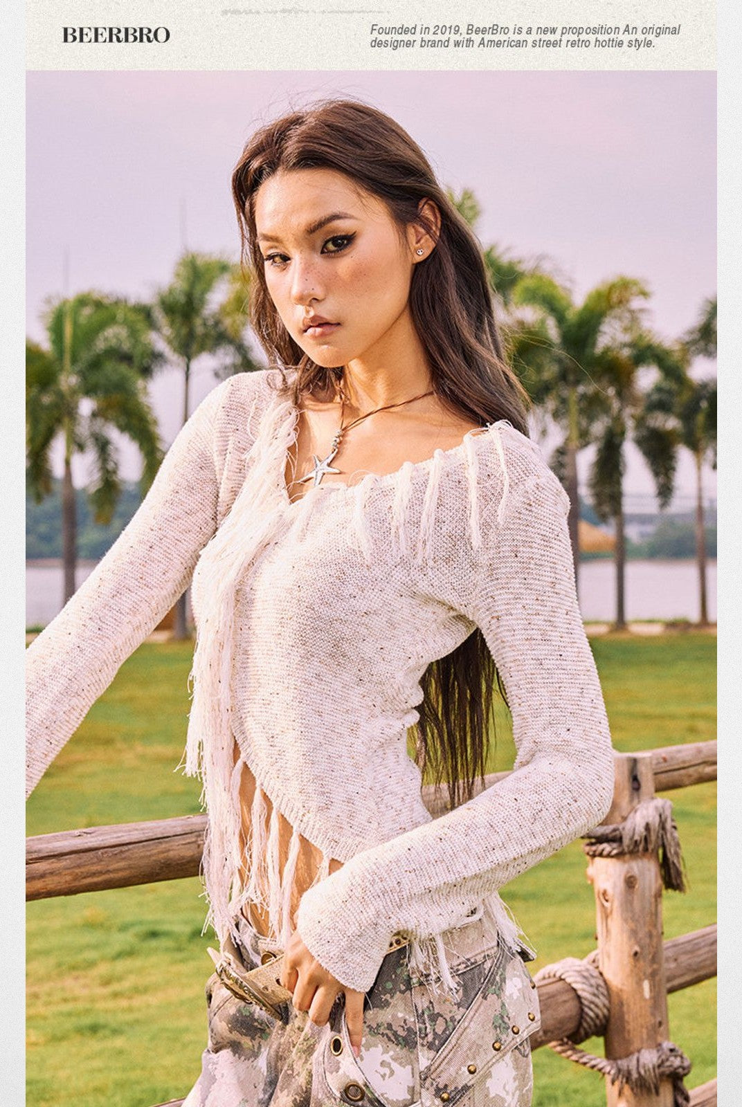 BeerBro Western Fringe Wool Cardigan in Beige