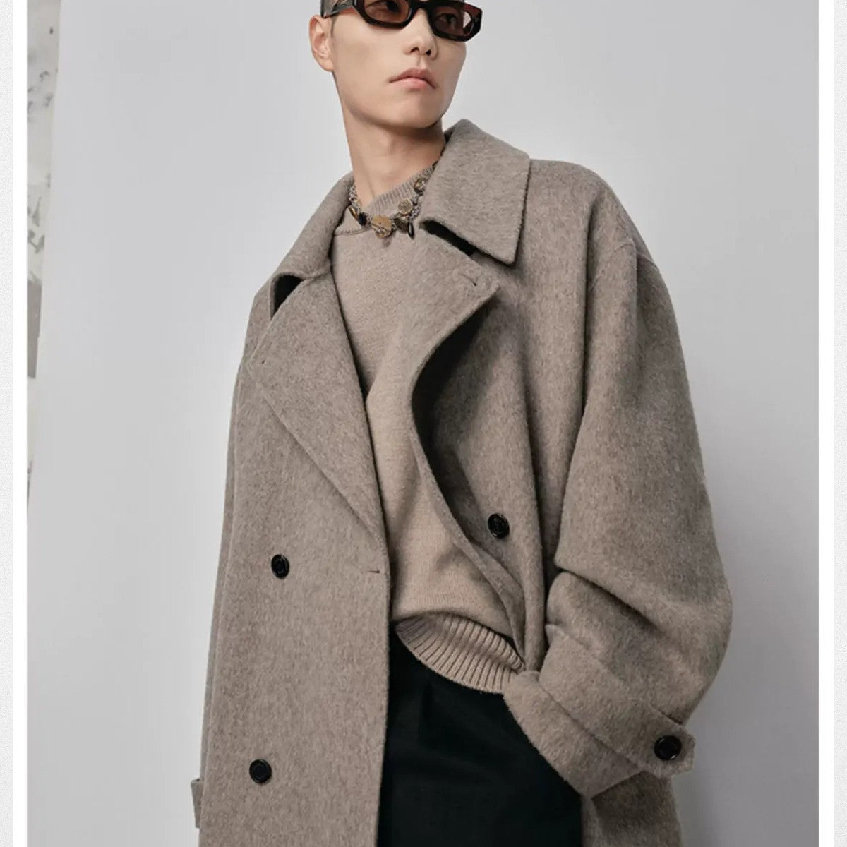 NANS Handmade Double Faced Wool Coat in Beige - On Model