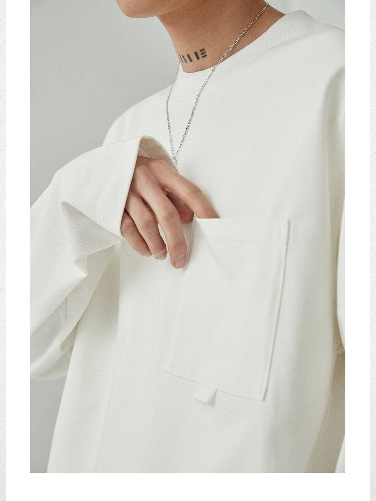 NANS Webbing Strap Pocket Long Sleeve Tee in White - On Model