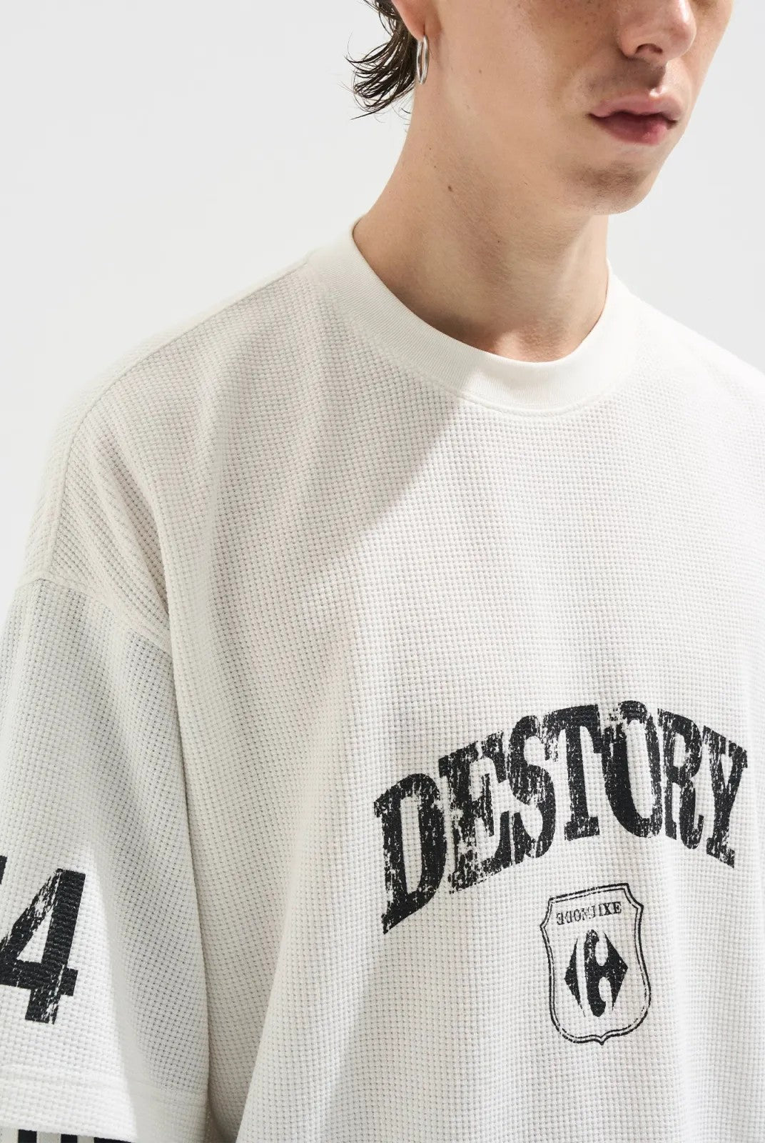 BLINDNOPLAN Distressed Faux Layered Tee in Denim - On Model