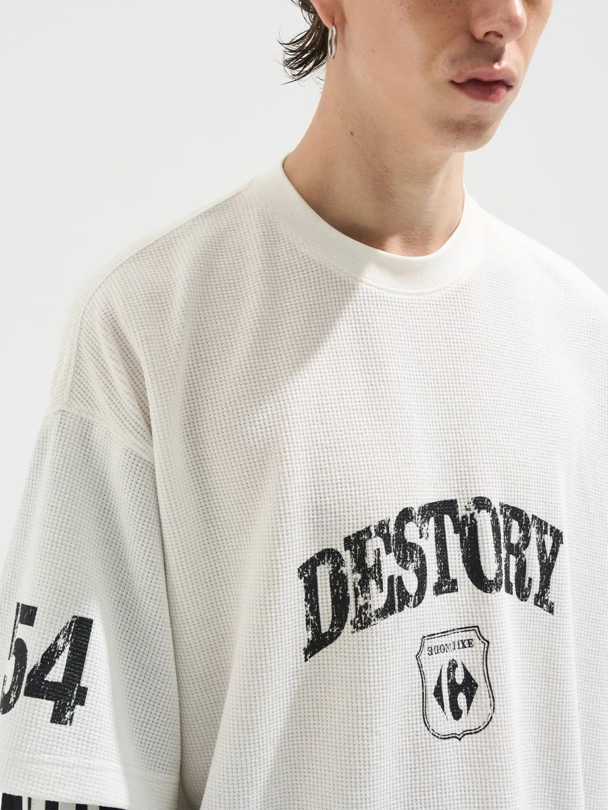 BLINDNOPLAN Distressed Faux Layered Tee in Denim - On Model