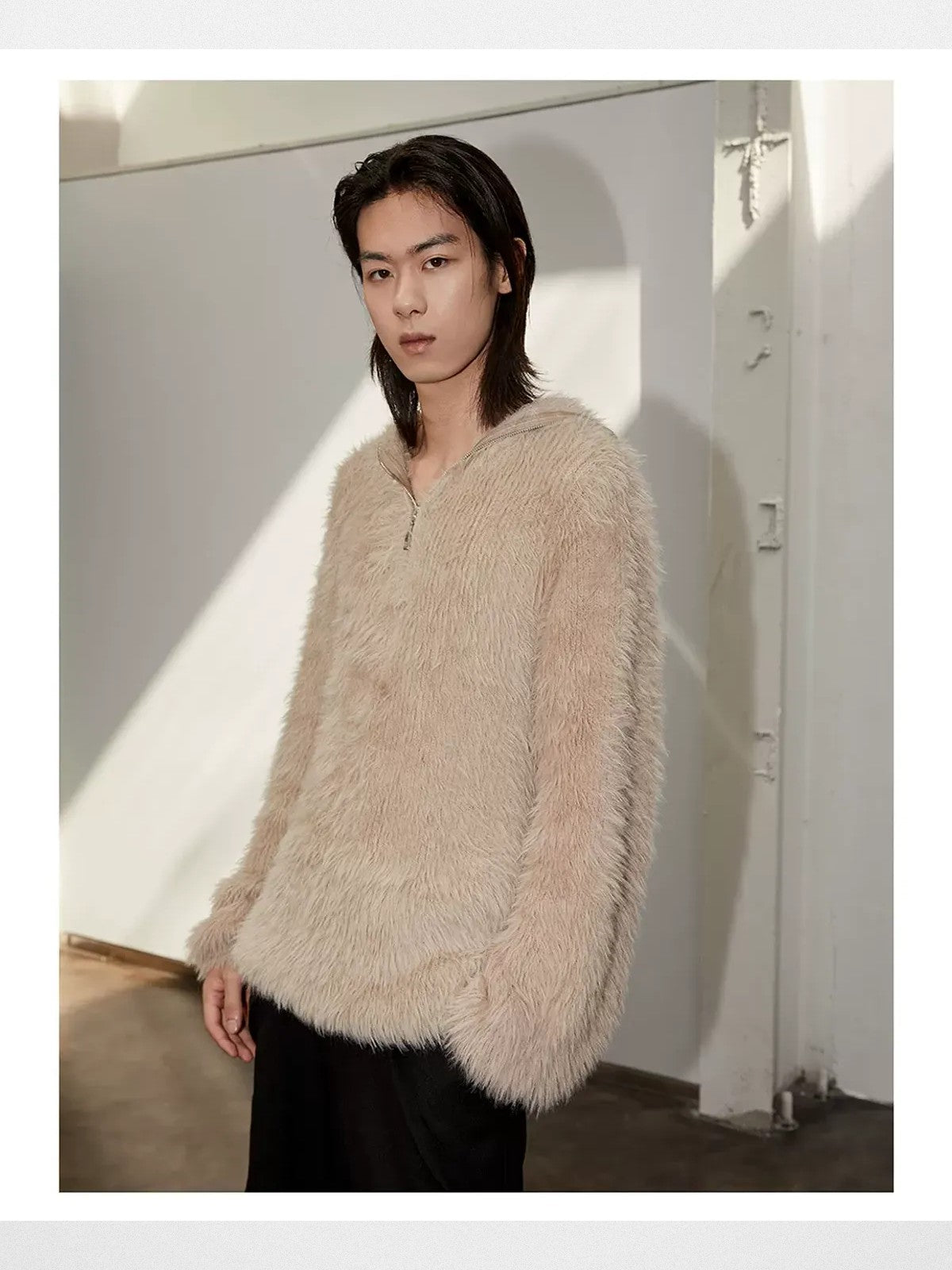 Y OFFICIAL Faux Mink Half Zip Hoodie in Beige