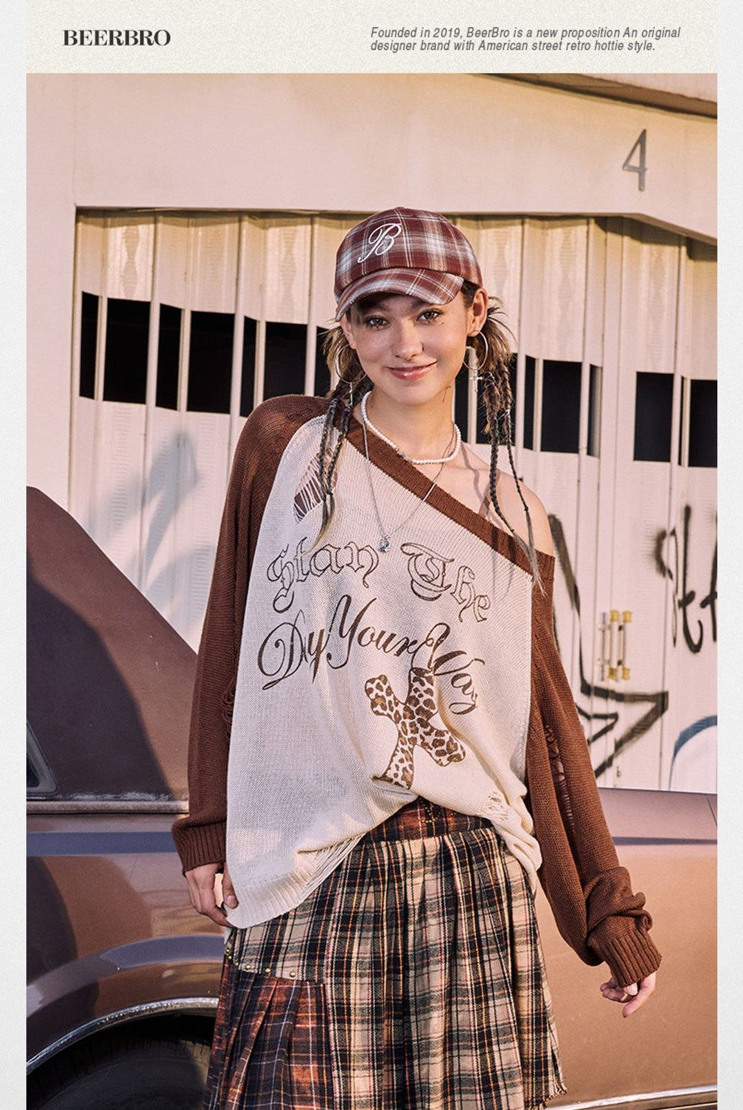 BeerBro Distressed Graphic Off Shoulder Sweater in White - On Model