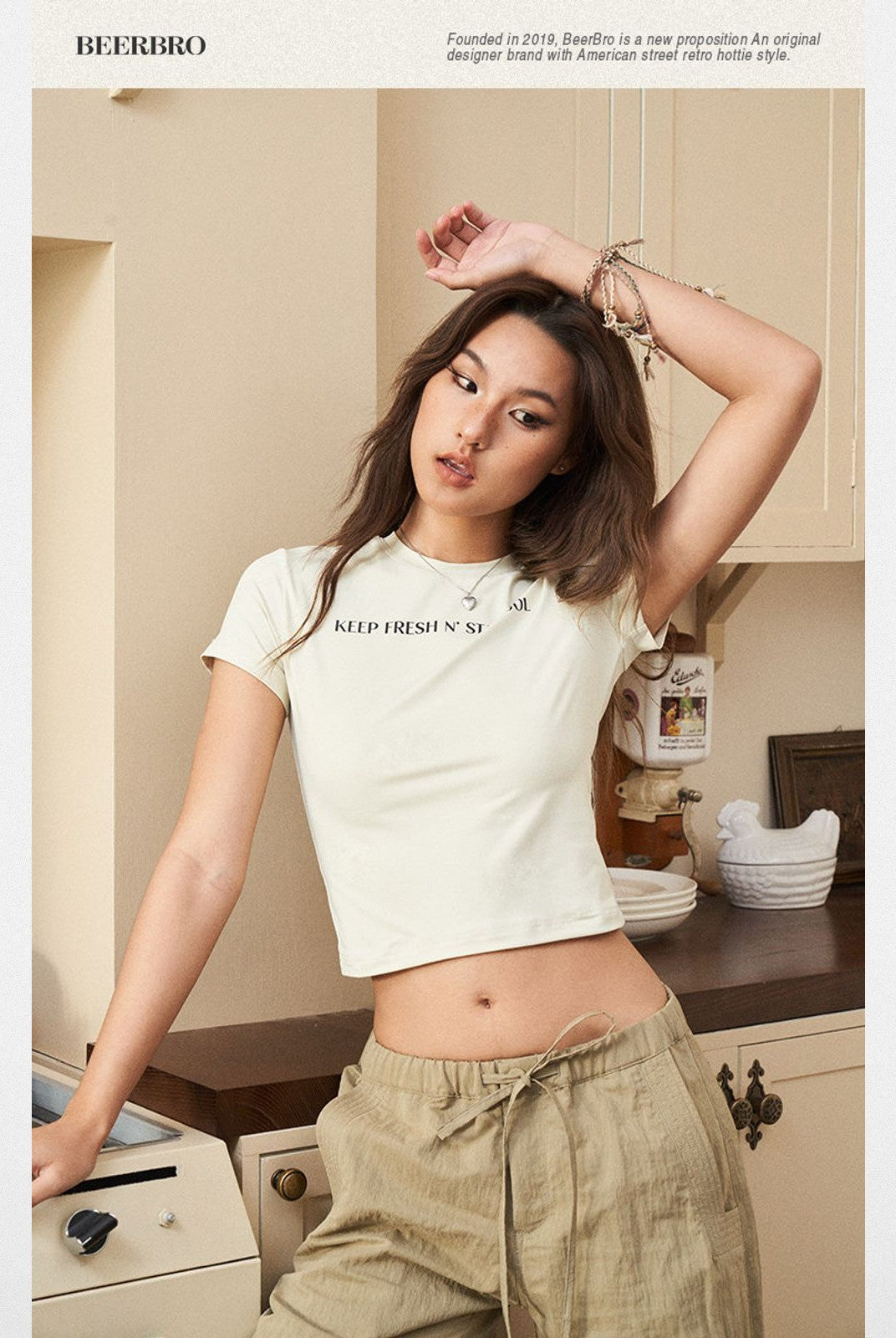 BeerBro Slogan Print Baby Tee in Cream - On Model