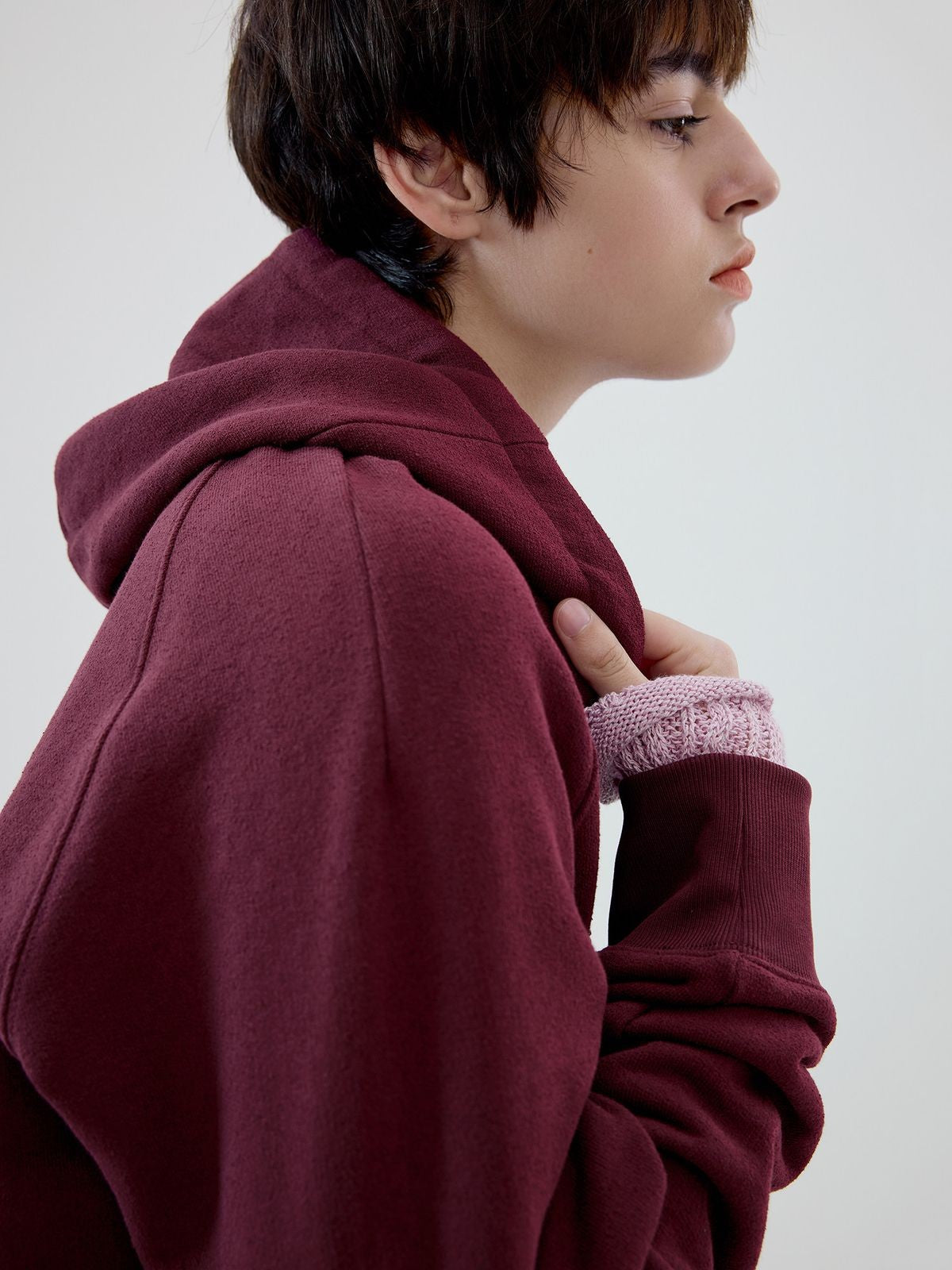 Simple Project Cotton Blend Zip Up Hoodie in Burgundy - On Female Model