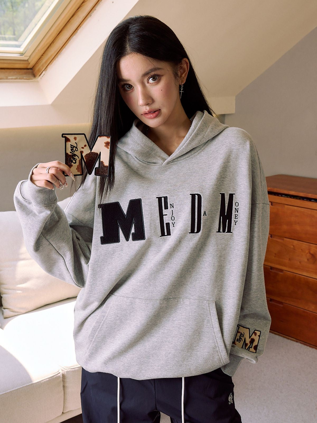 MEDM Leopard Patch Logo Hoodie in Gray - Lifestyle