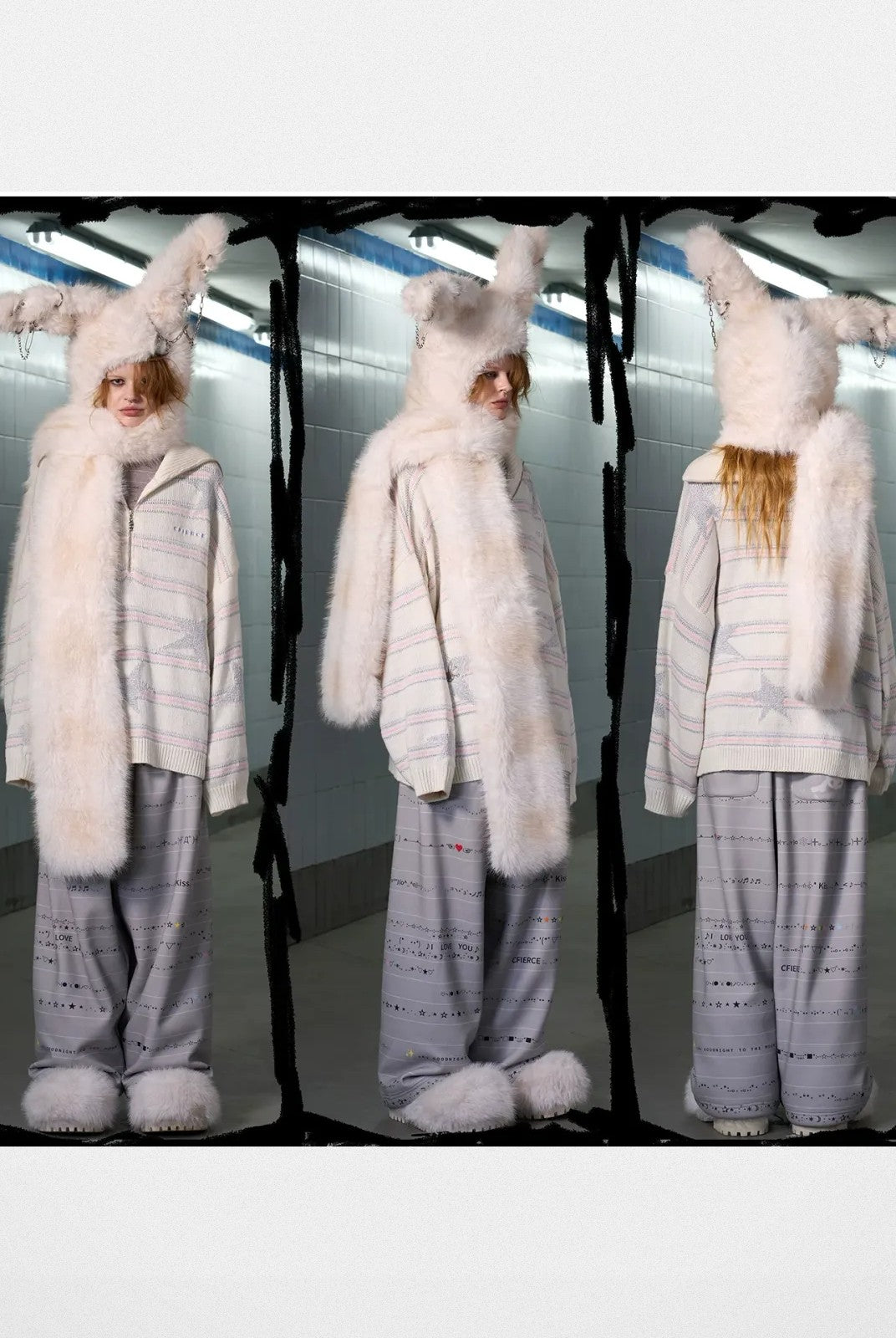 CFIERCE Pierced Faux Fur Bunny Hooded Scarf in White - On Model