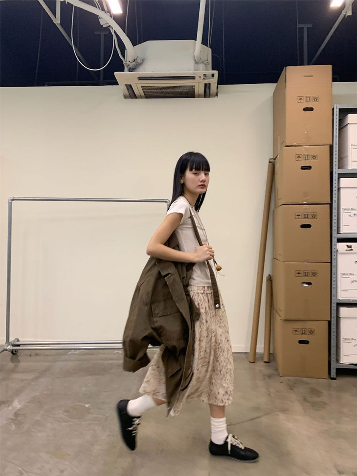 NeverSeez Washed Cotton Workwear Jacket in Brown - On Female Model