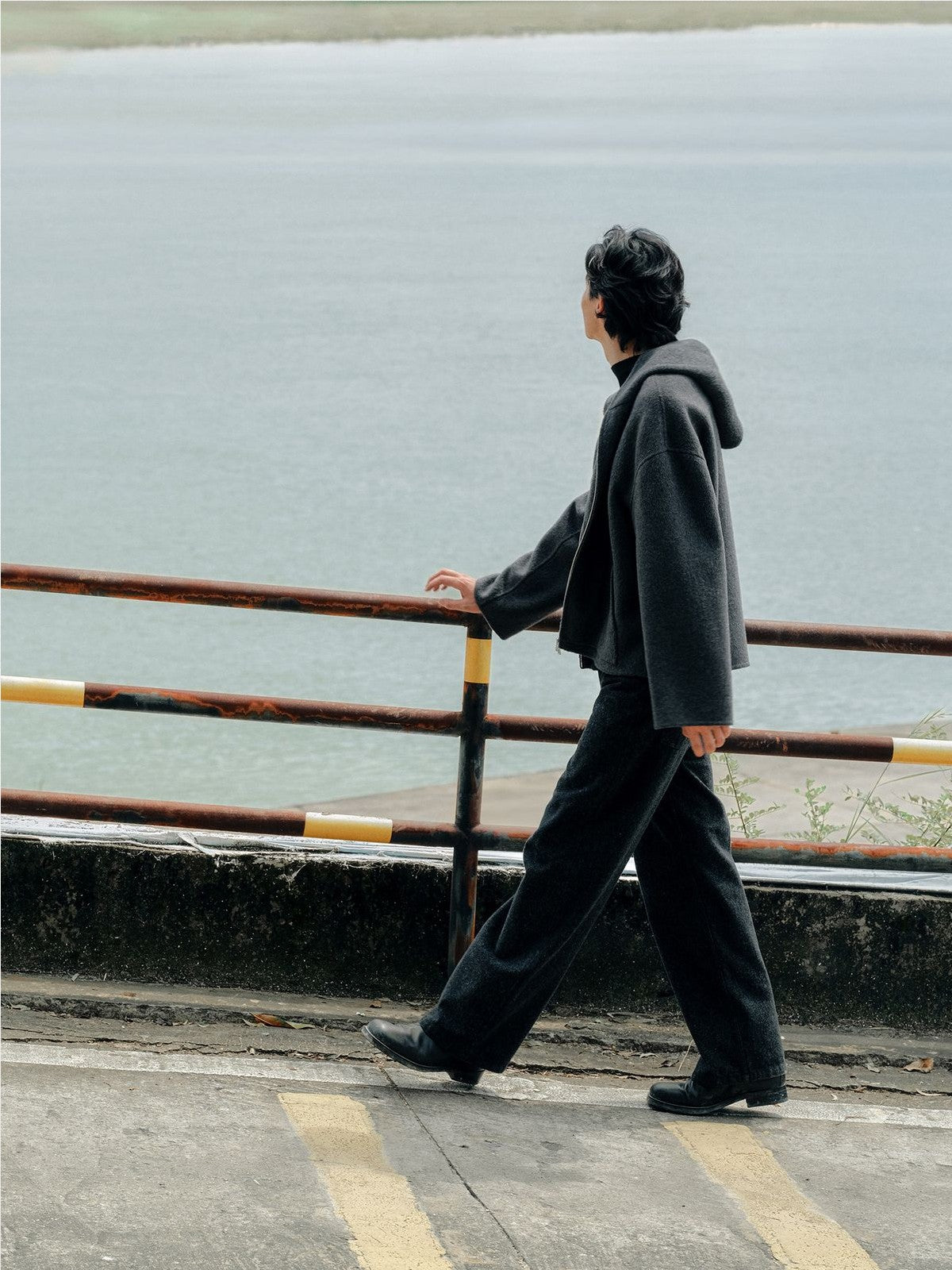 ROYA Cashmere Wool Hooded Short Coat in Charcoal - Lifestyle