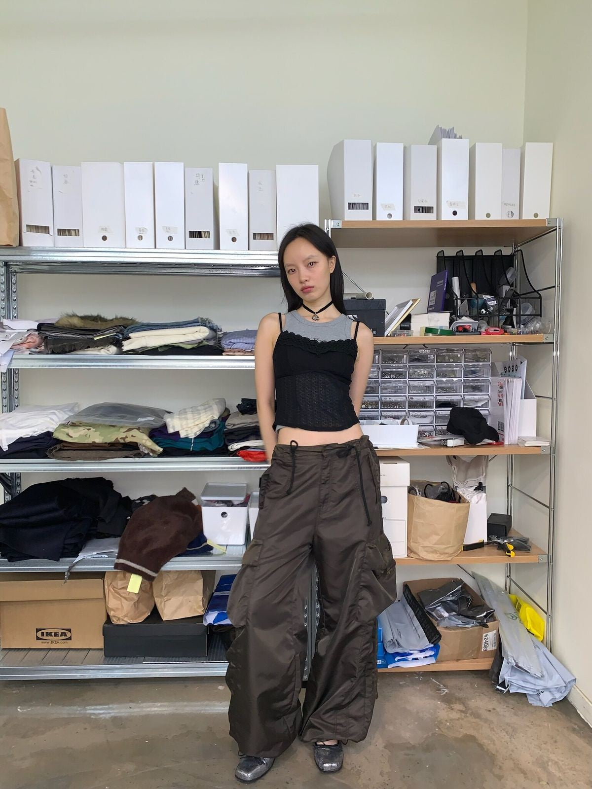 NeverSeez Spliced Wide Leg Cargo Pants in Brown - On Female Model