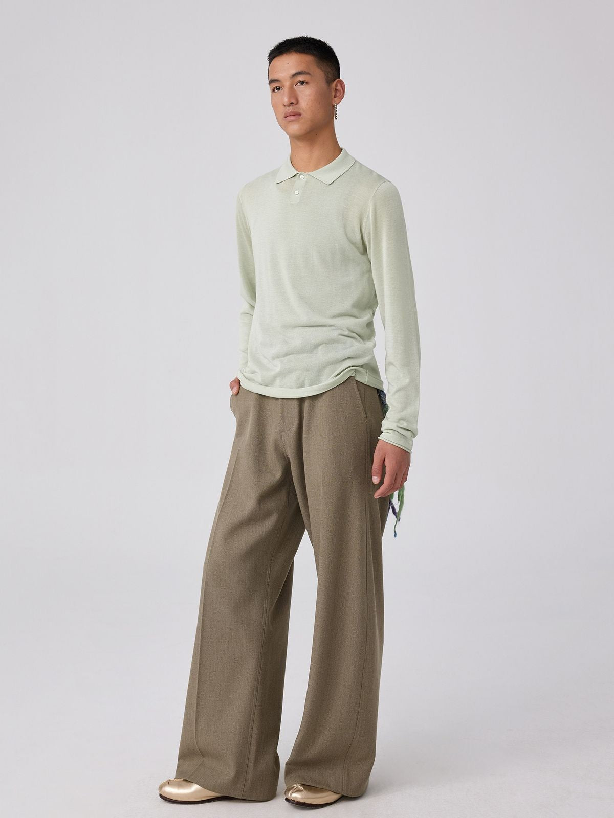 Simple Project Semi Sheer Linen Blend Knit Polo in Mint - On Male Model