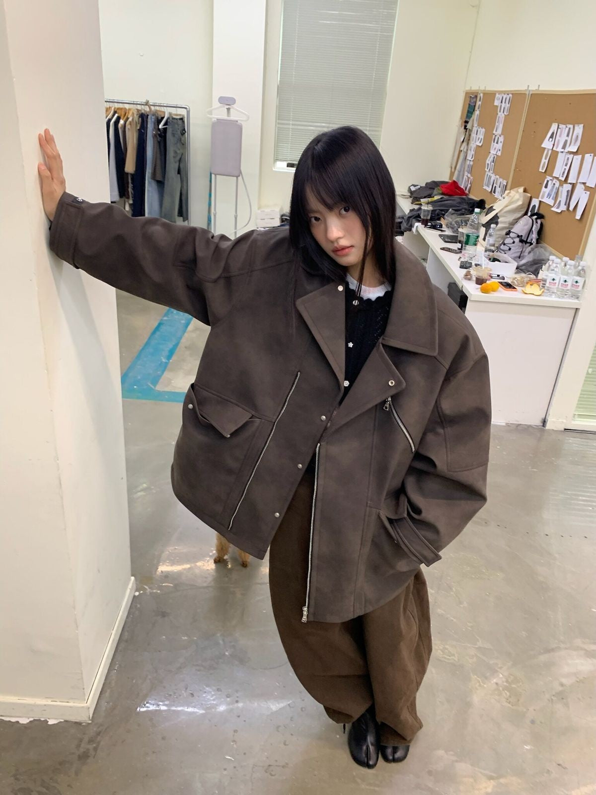 NeverSeez Padded PU Leather Trench Coat in Gray - On Female Model