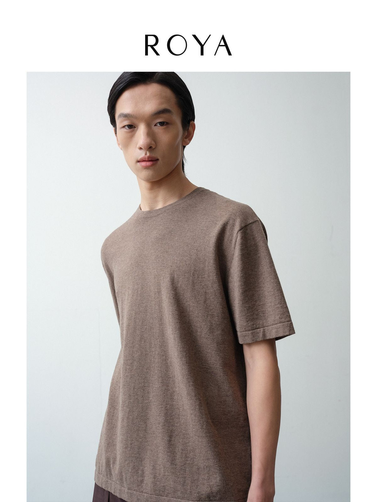 ROYA Cashmere Cotton Blend Knit T Shirt in Beige - On Model