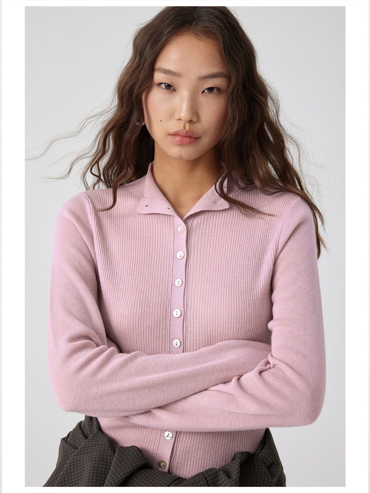 Simple Project High Neck Ribbed Wool Cardigan in Pink - On Model